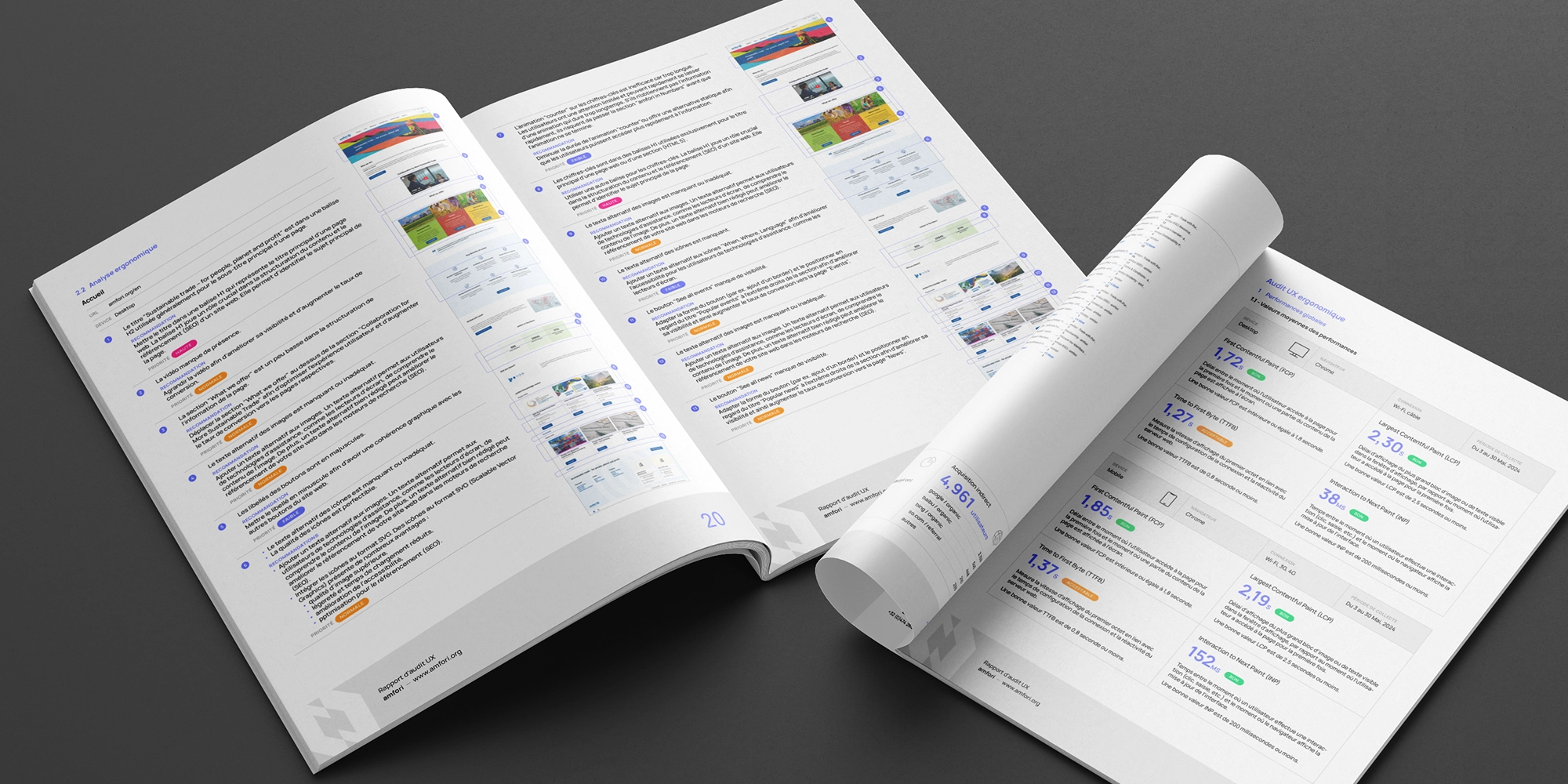 Pages d’un rapport d’audit UX présentant des analyses ergonomiques, des tableaux et des captures d’écran du site amfori.