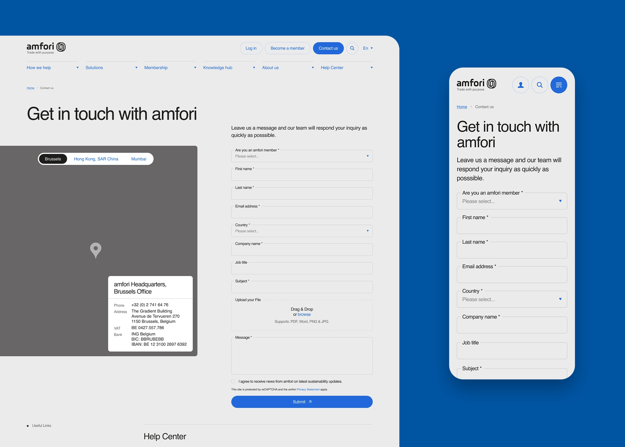Page de contact du site amfori présentée côte à côte en versions desktop et mobile.