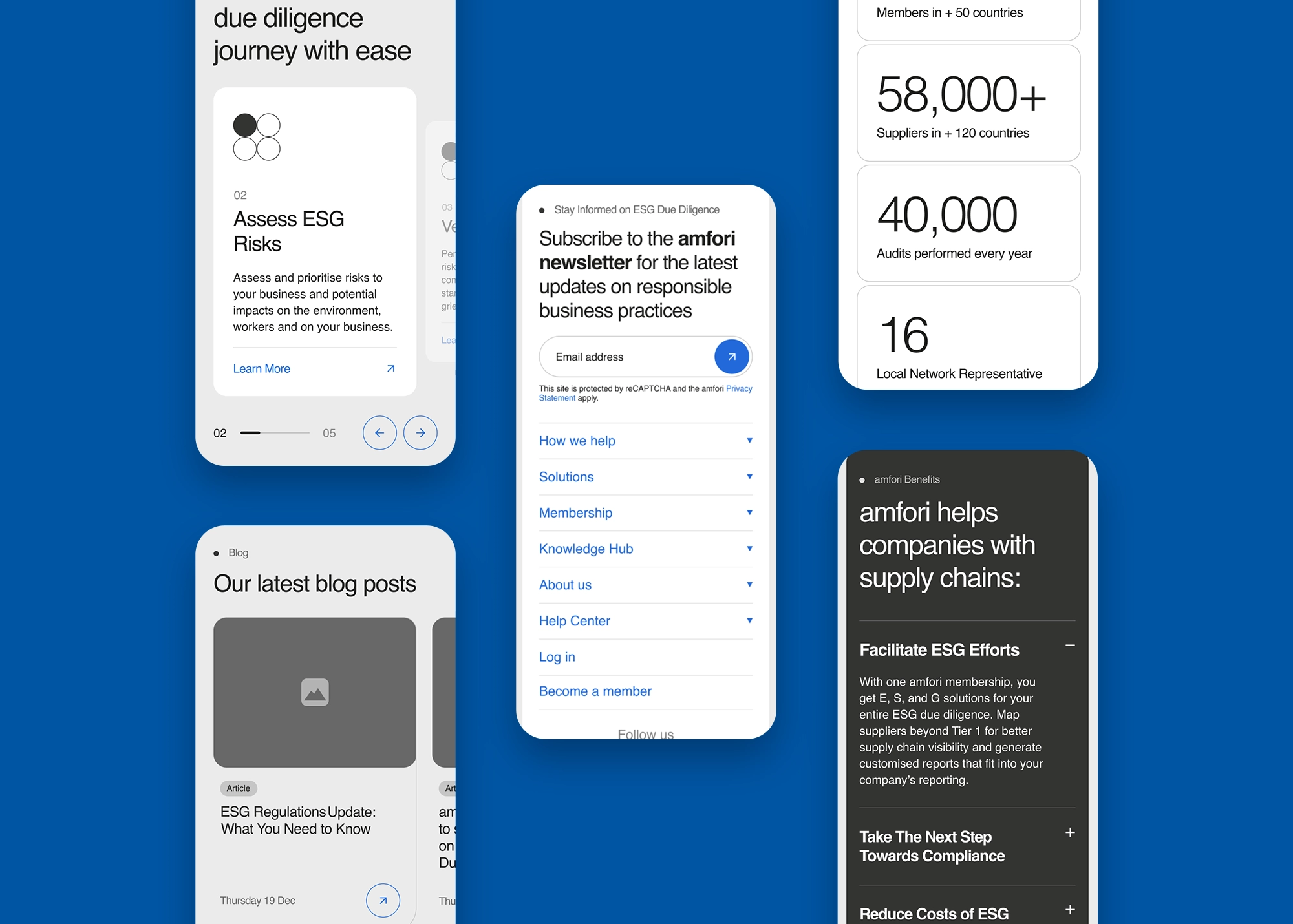 Captures d’écran de la version mobile du site amfori présentant les prochaines actualités, les chiffres clés, l’inscription à la newsletter et le menu de navigation du footer.