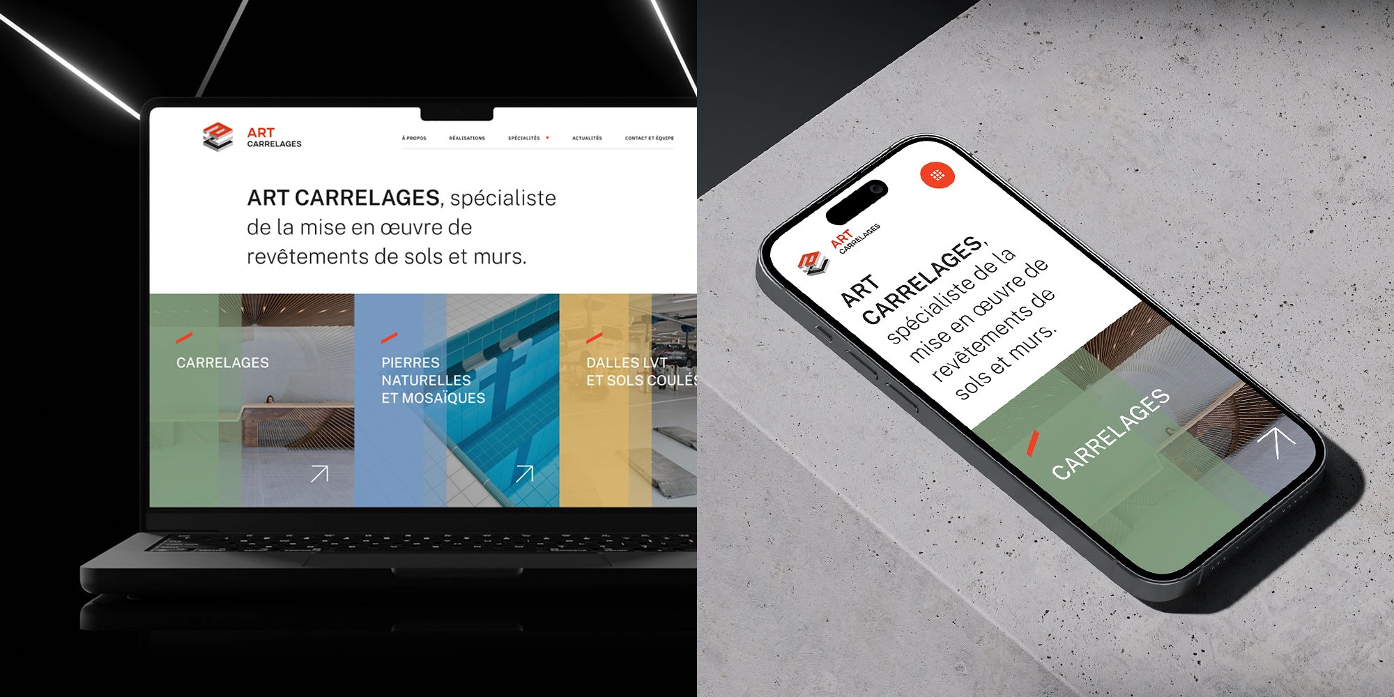 Écrans d’ordinateur et smartphone affichant le header du site Art Carrelages, spécialiste des revêtements pour sols et murs.