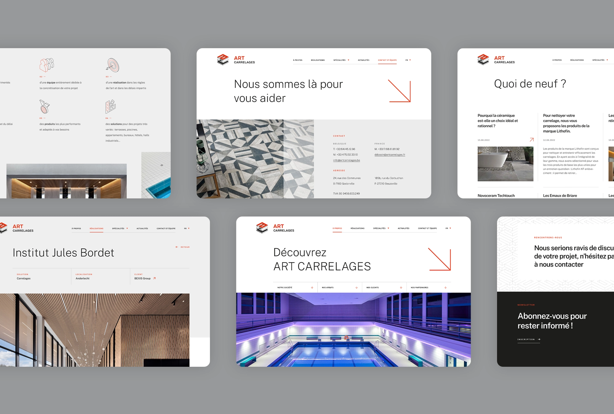 Écrans de design UI présentant la page de contact, la page des actualités, la fiche détaillée d’une réalisation et la page de présentation d’Art Carrelages.