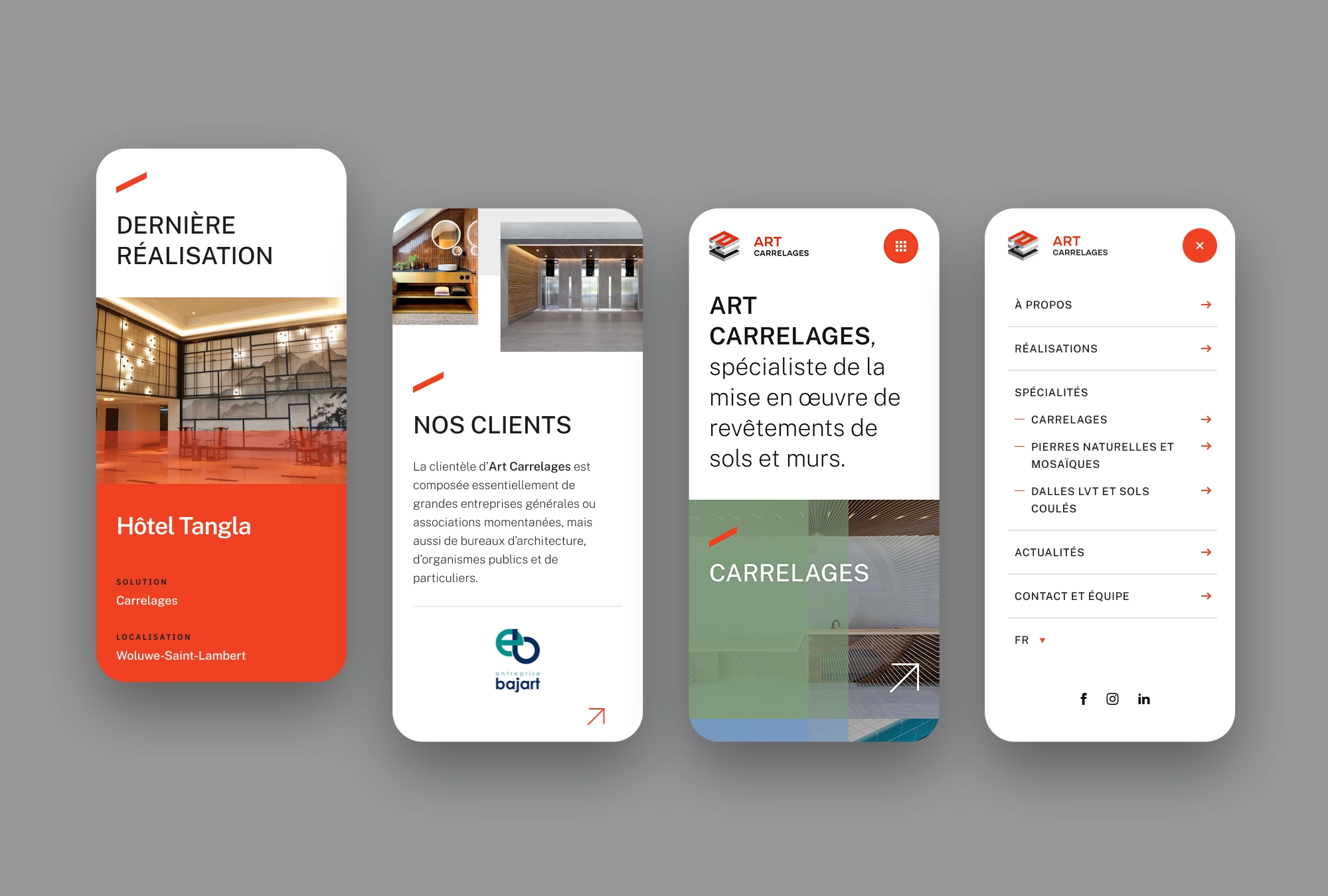 Captures d’écran de la version mobile présentant la dernière réalisation, le header de la page d’accueil et le menu de navigation.