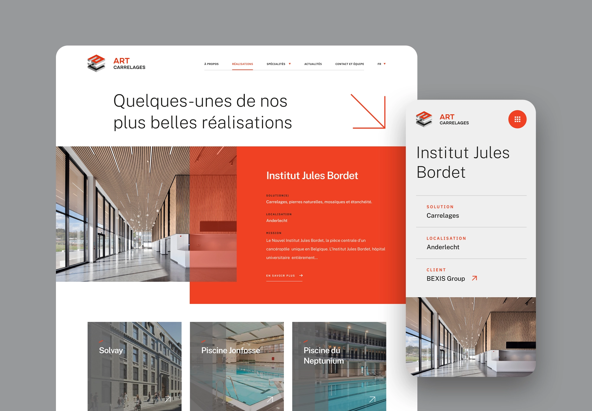 Page listing présentant les réalisations d’Art Carrelages en version desktop et fiche détaillée d’une réalisation en version mobile.