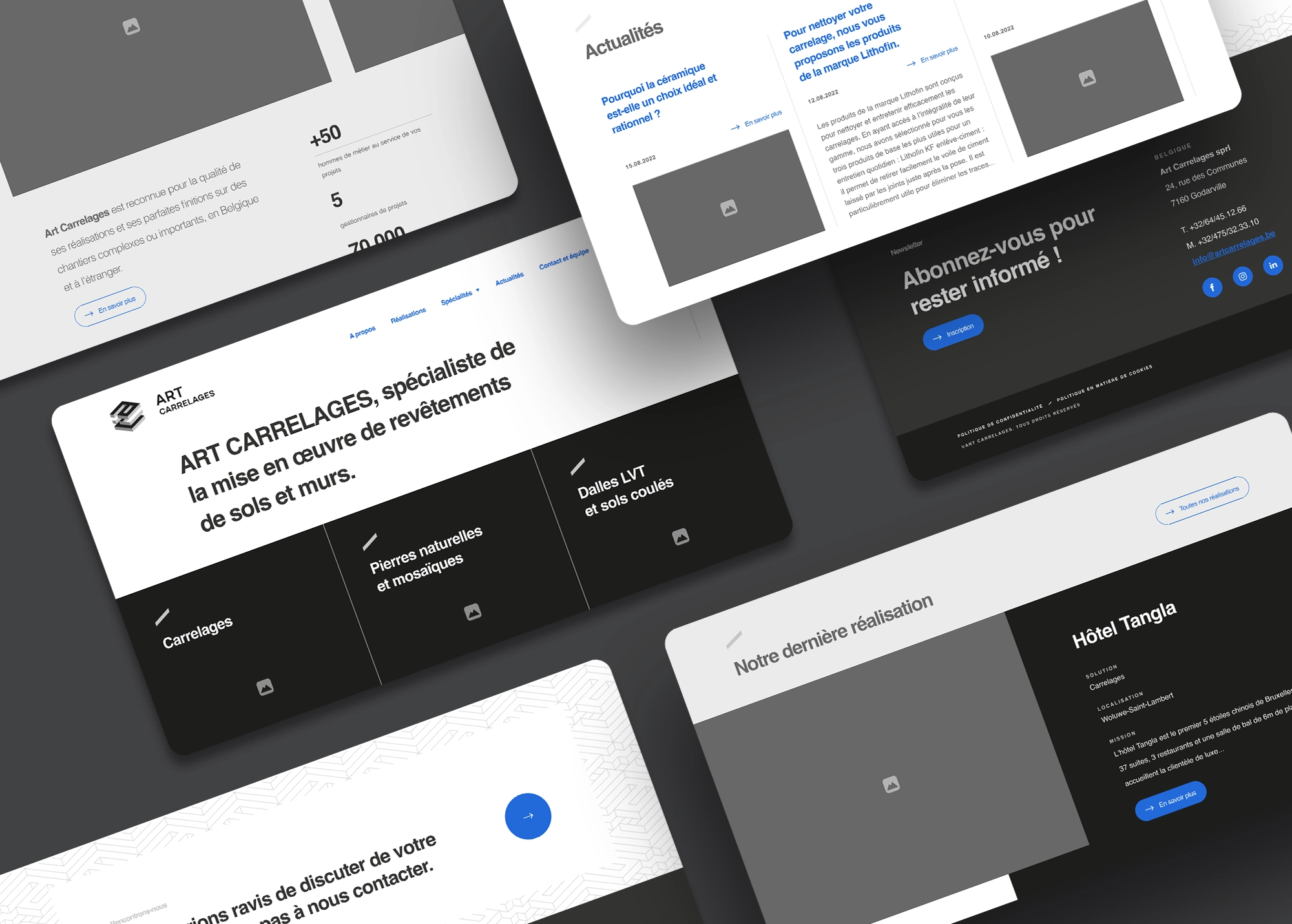 Écrans de design UX présentant le header de la page d’accueil, les dernières actualités, la dernière réalisation et l’inscription à la newsletter.