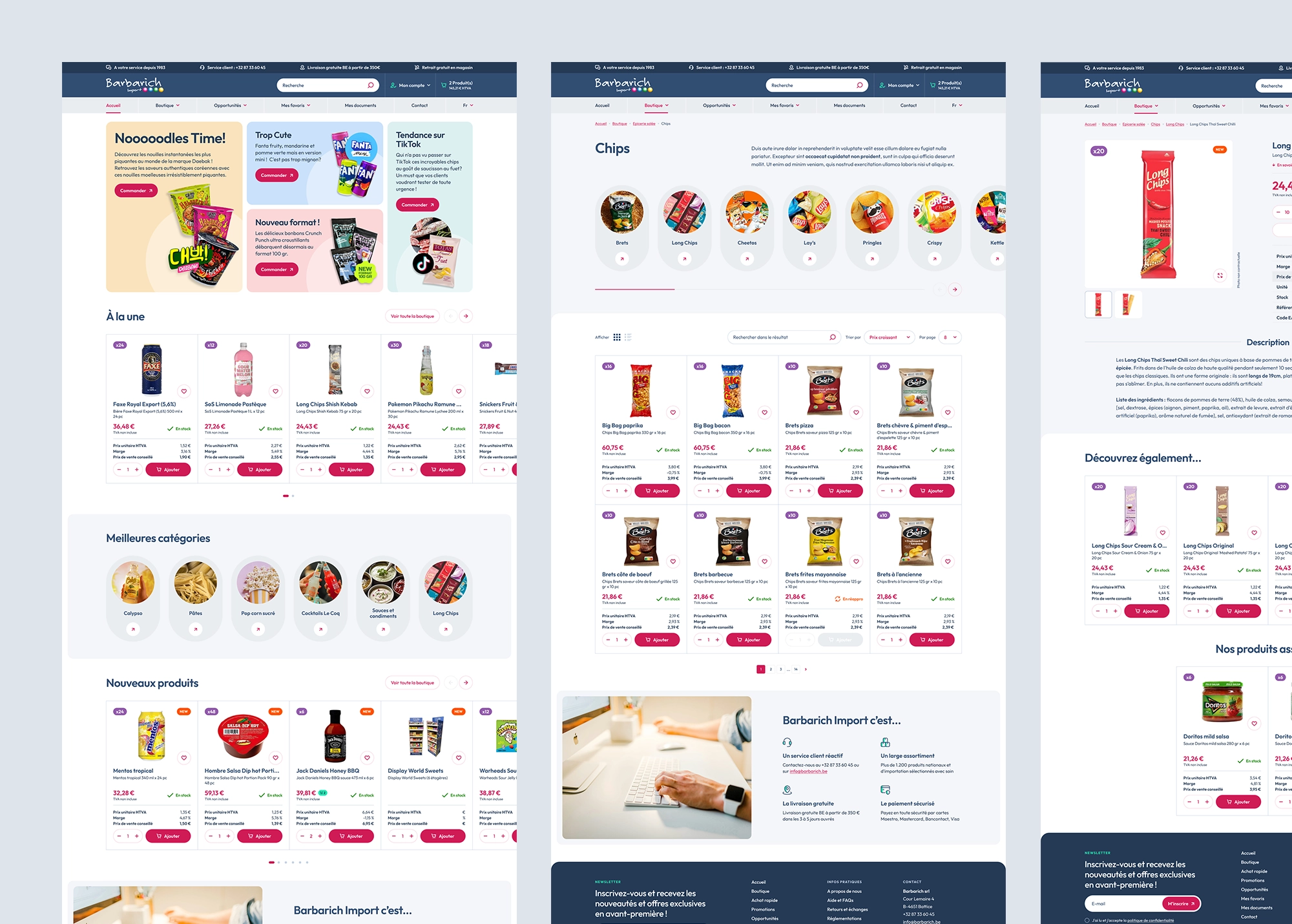 Pages du Shop Barbarich Import présentant la page d’accueil, les catégories, les promotions et la navigation, ainsi qu’un listing de produits et une fiche produit.