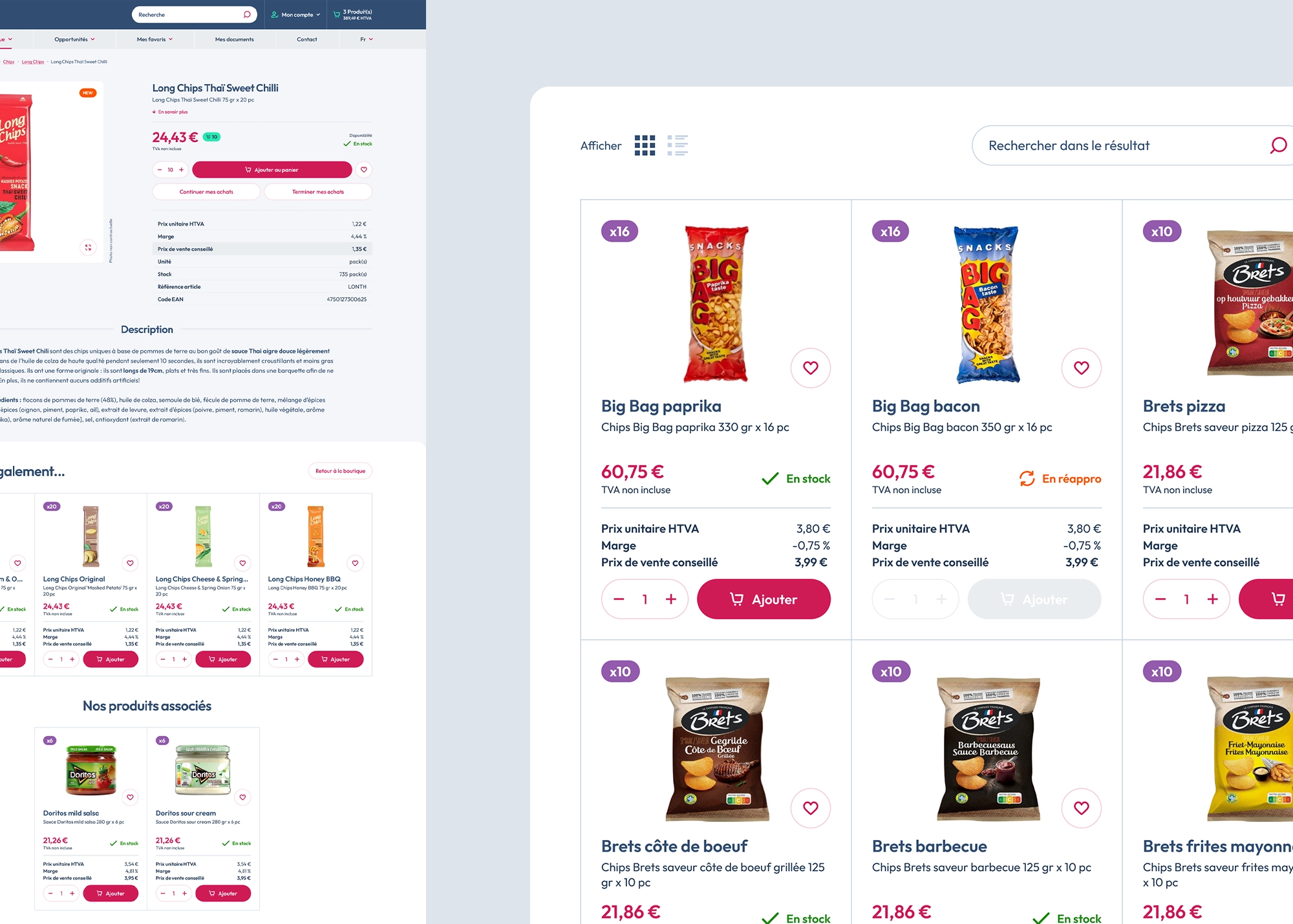 Fiche produit et listing des produits avec modules de filtrage et de recherche.