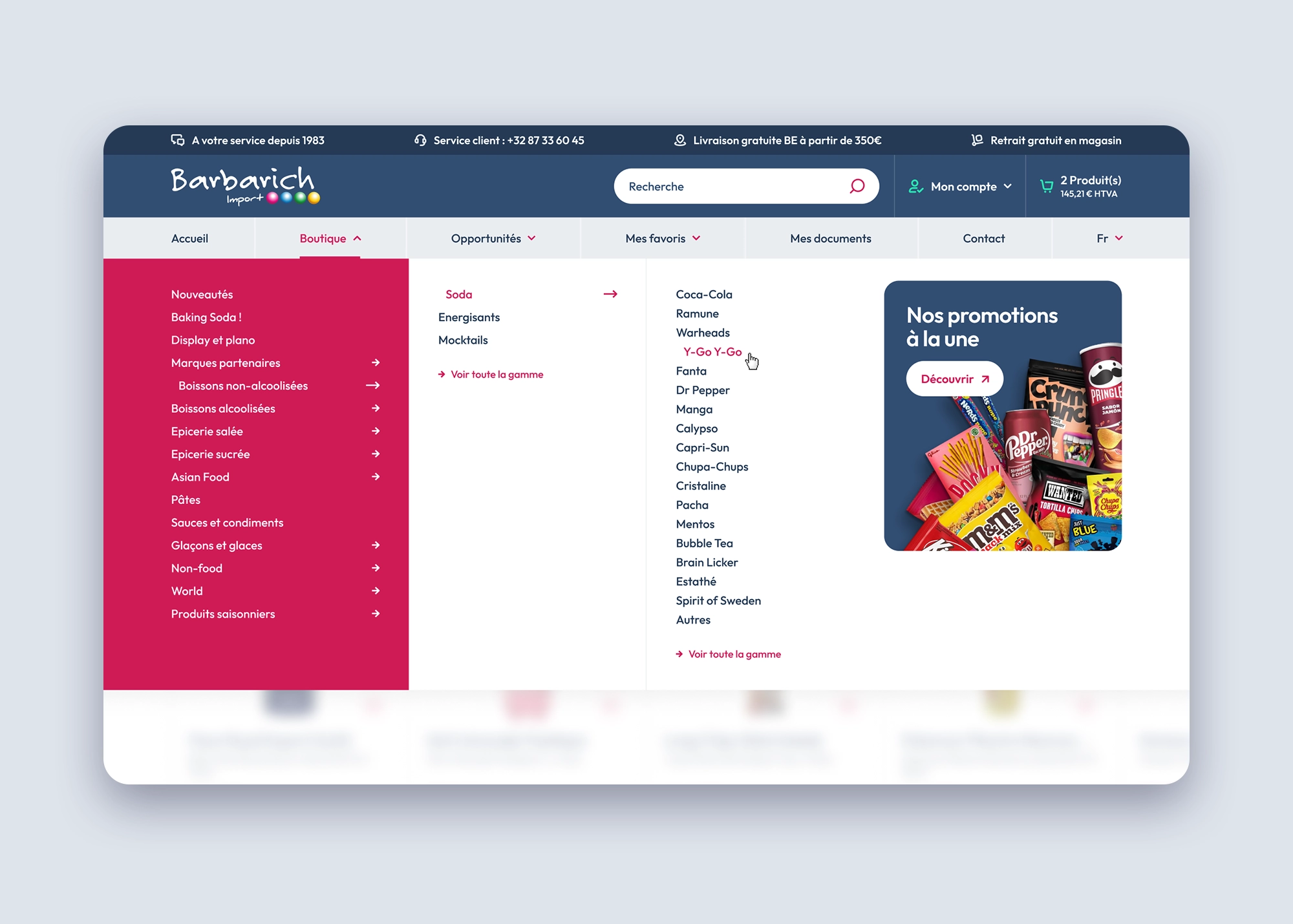 Menu de navigation du Shop Barbarich Import présentant les catégories de la boutique et l’appel à l’action « Promotions ».