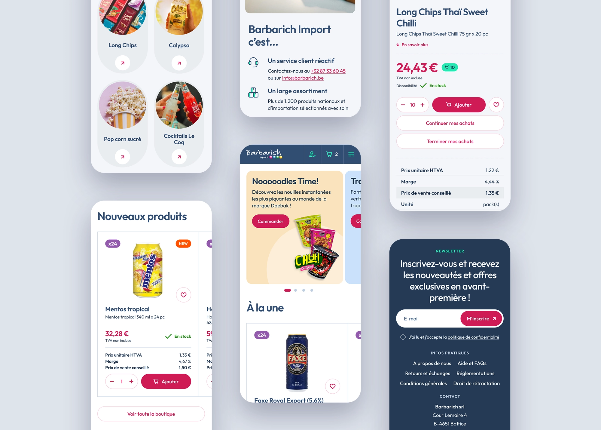 Interface mobile du Shop Barbarich Import présentant les catégories de produits, les nouveautés, l’ajout d’un produit au panier et l’inscription à la newsletter.