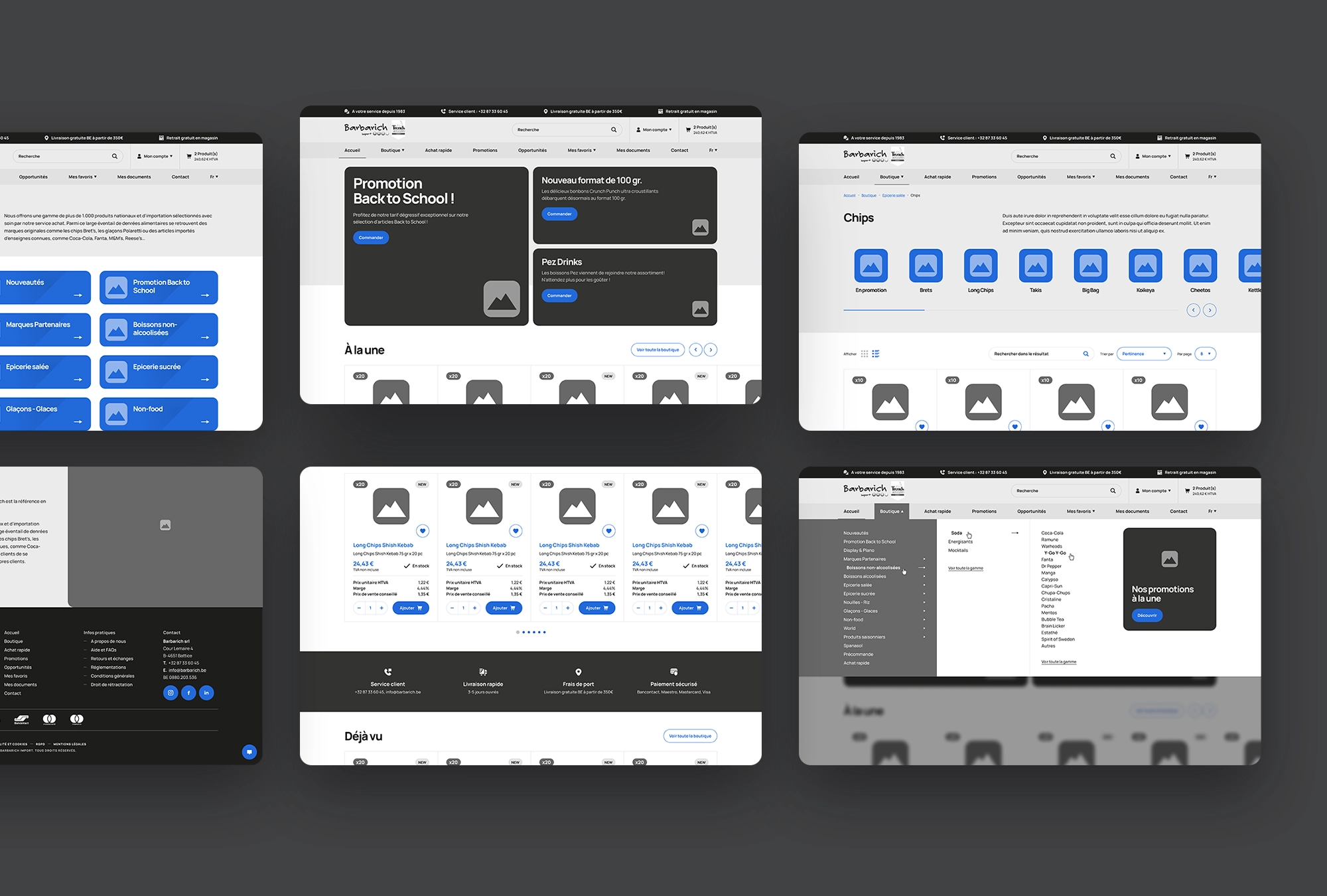 Écrans de design UX présentant les promotions et nouveautés, le listing des catégories de produits, les blocs produits, le menu « Boutique » et la navigation du footer.