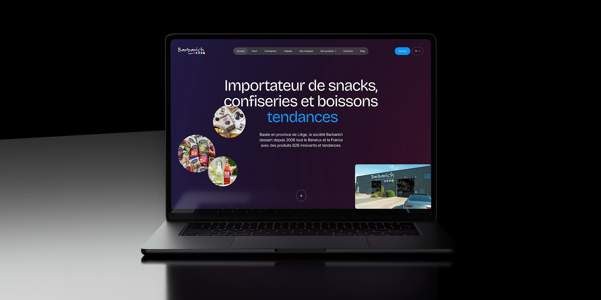 Header de la page d’accueil du site de Barbarich Import, importateur de snacks, confiseries et boissons.