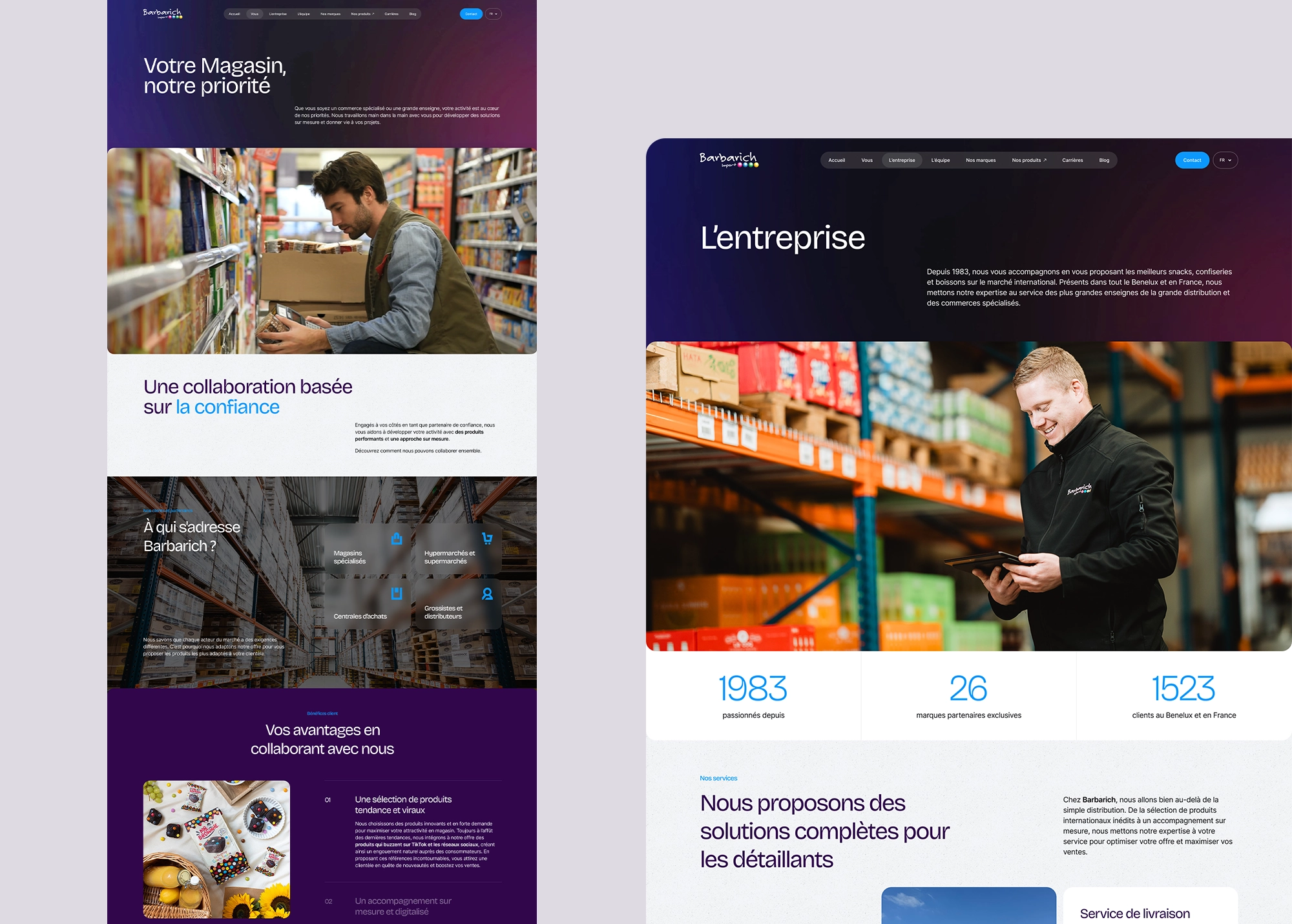 Pages de présentation de Barbarich Import et de son offre destinée aux détaillants, présentant les avantages d’une collaboration avec l’entreprise.