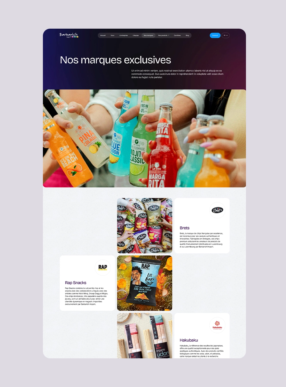 Page présentant une sélection de marques exclusives de Barbarich Import avec des visuels de boissons et de snacks.