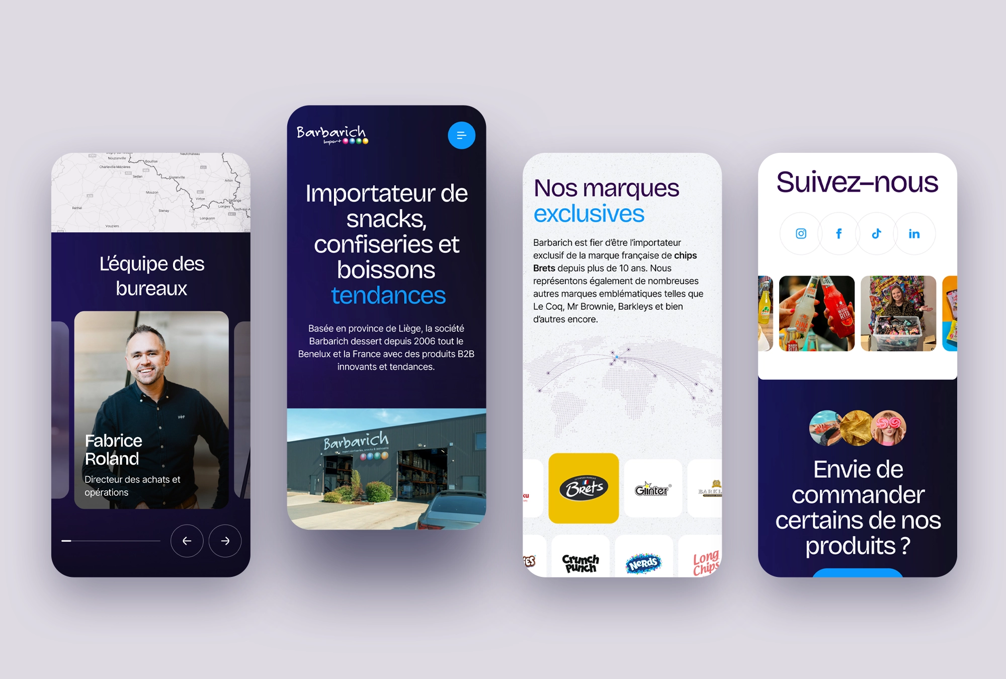 Écrans mobiles du site Barbarich Import présentant l’équipe, le header de la page d’accueil, les marques exclusives et les réseaux sociaux.