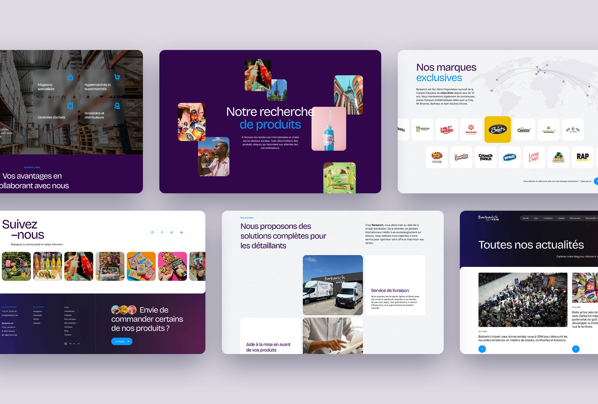 Captures d’écran du site Barbarich Import présentant la recherche de produits, les marques exclusives, les solutions pour les détaillants, les réseaux sociaux et les actualités.