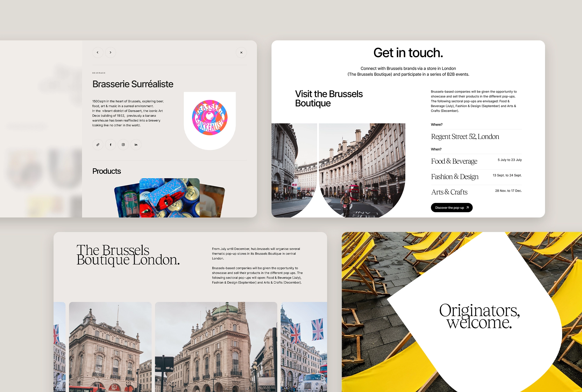 Écrans de design UI présentant une fiche détaillée d’une marque et la page des informations utiles de Brussels Boutique.