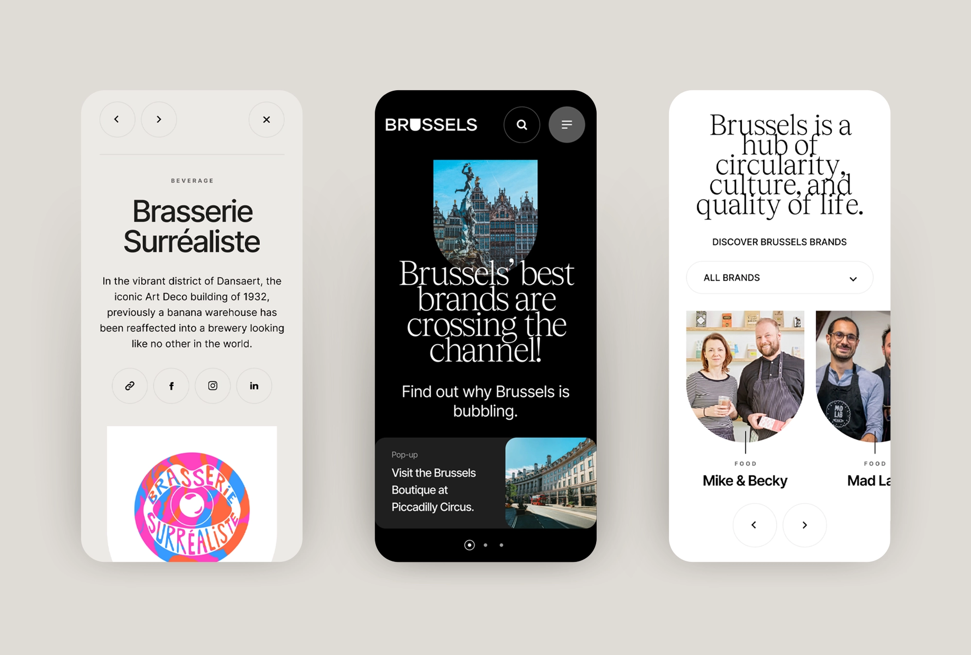 Captures d’écran de la version mobile présentant une fiche détaillée d’une marque, le header de la page d’accueil et les marques de Brussels Boutique dans un slider.