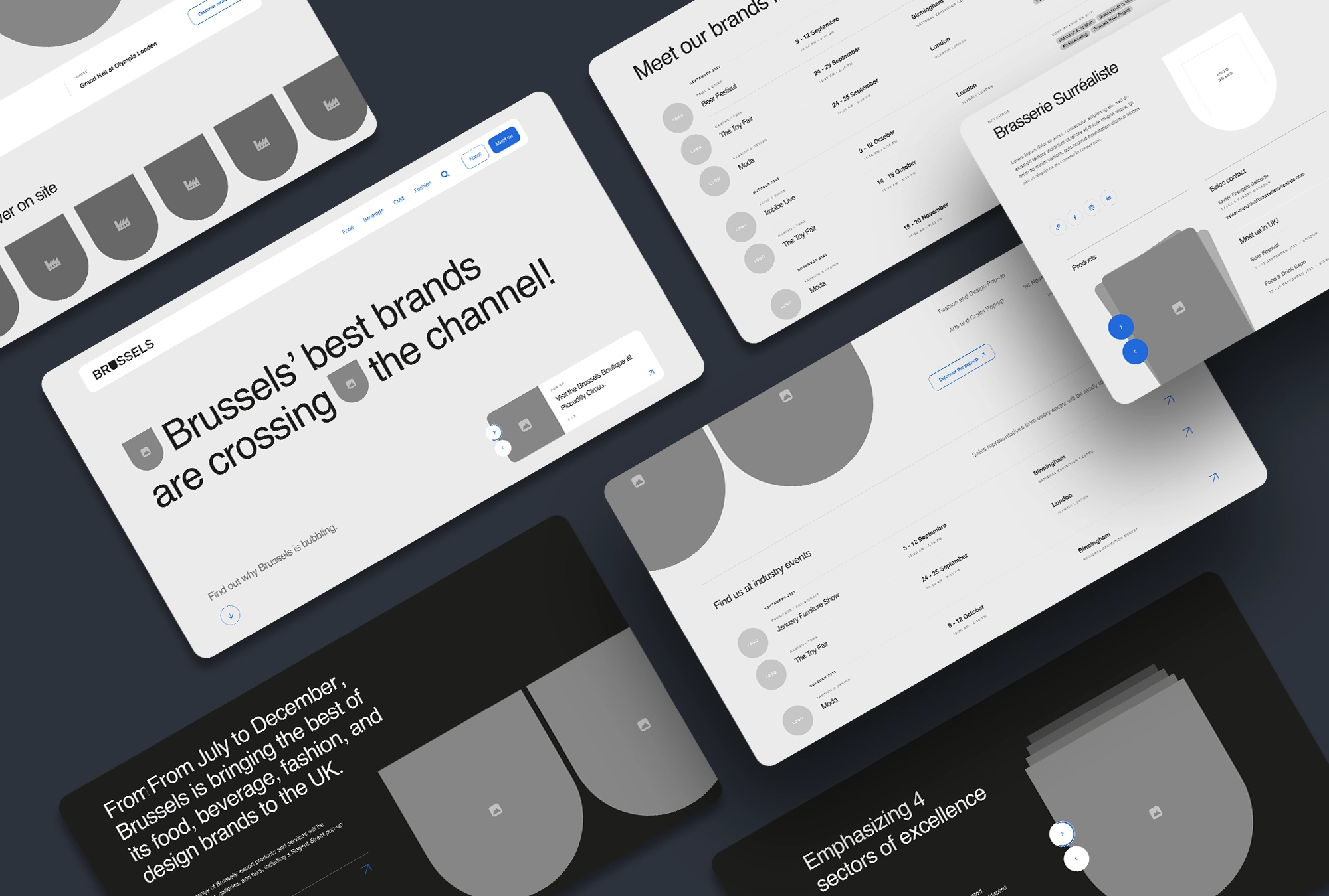Écrans de design UX présentant le header de la page d’accueil, les quatre thématiques, les marques et les prochains événements.