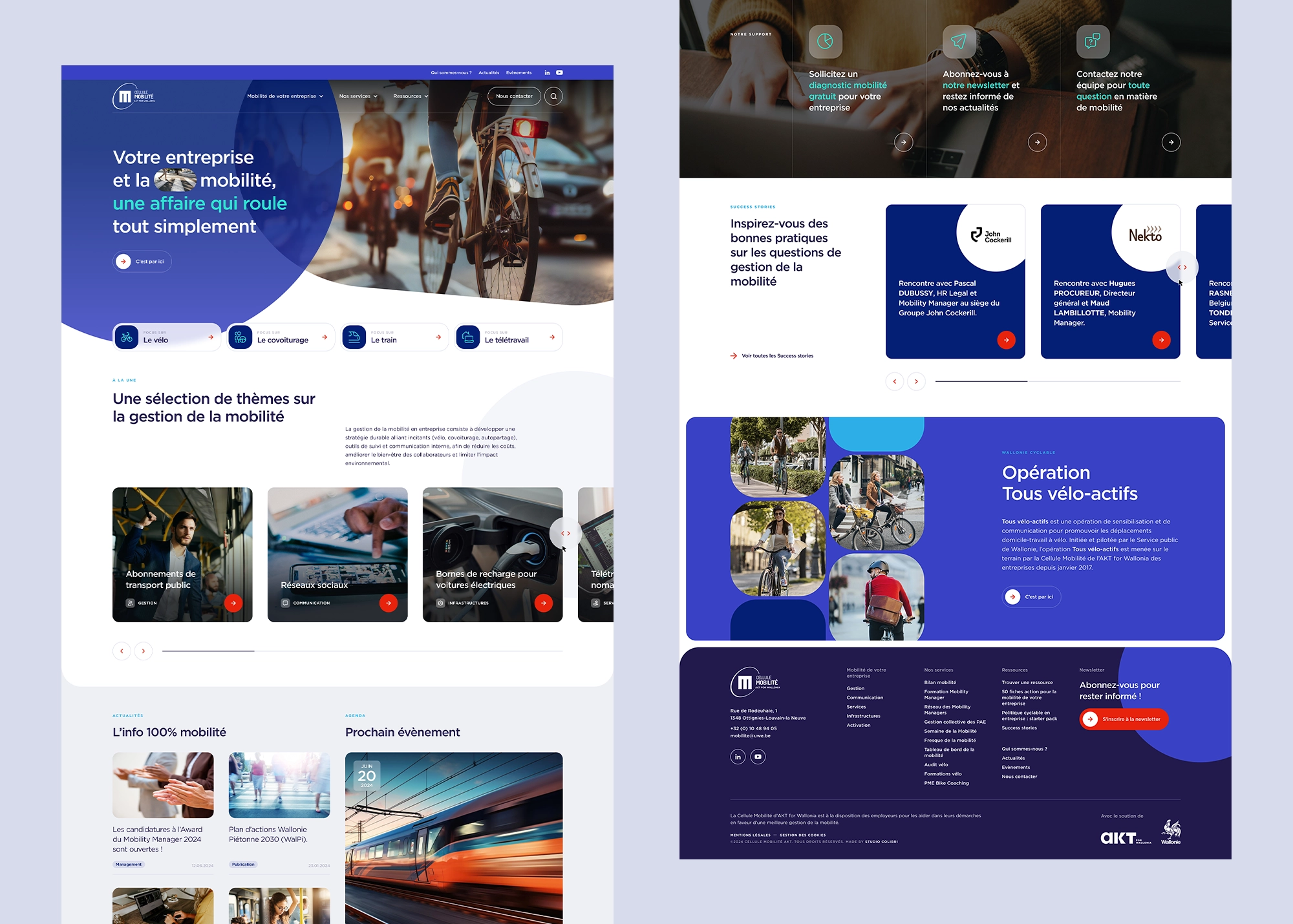 Page d’accueil de la Cellule Mobilité présentant des thèmes liés au vélo, au covoiturage, au train et au télétravail, ainsi que les dernières actualités, le prochain événement, les services, l’opération « Tous vélos-actifs » et des études de cas.