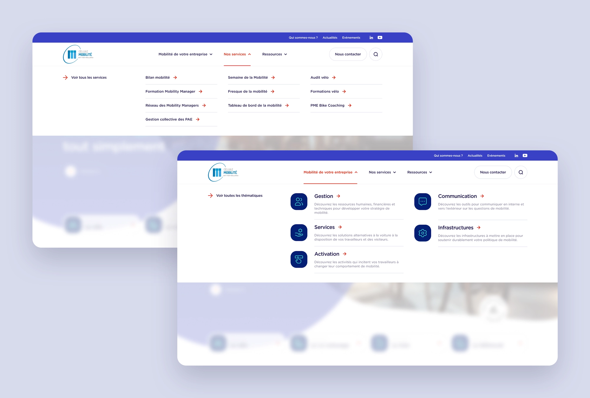 Menus déroulants du site de la Cellule Mobilité présentant les services et la mobilité d’entreprise.