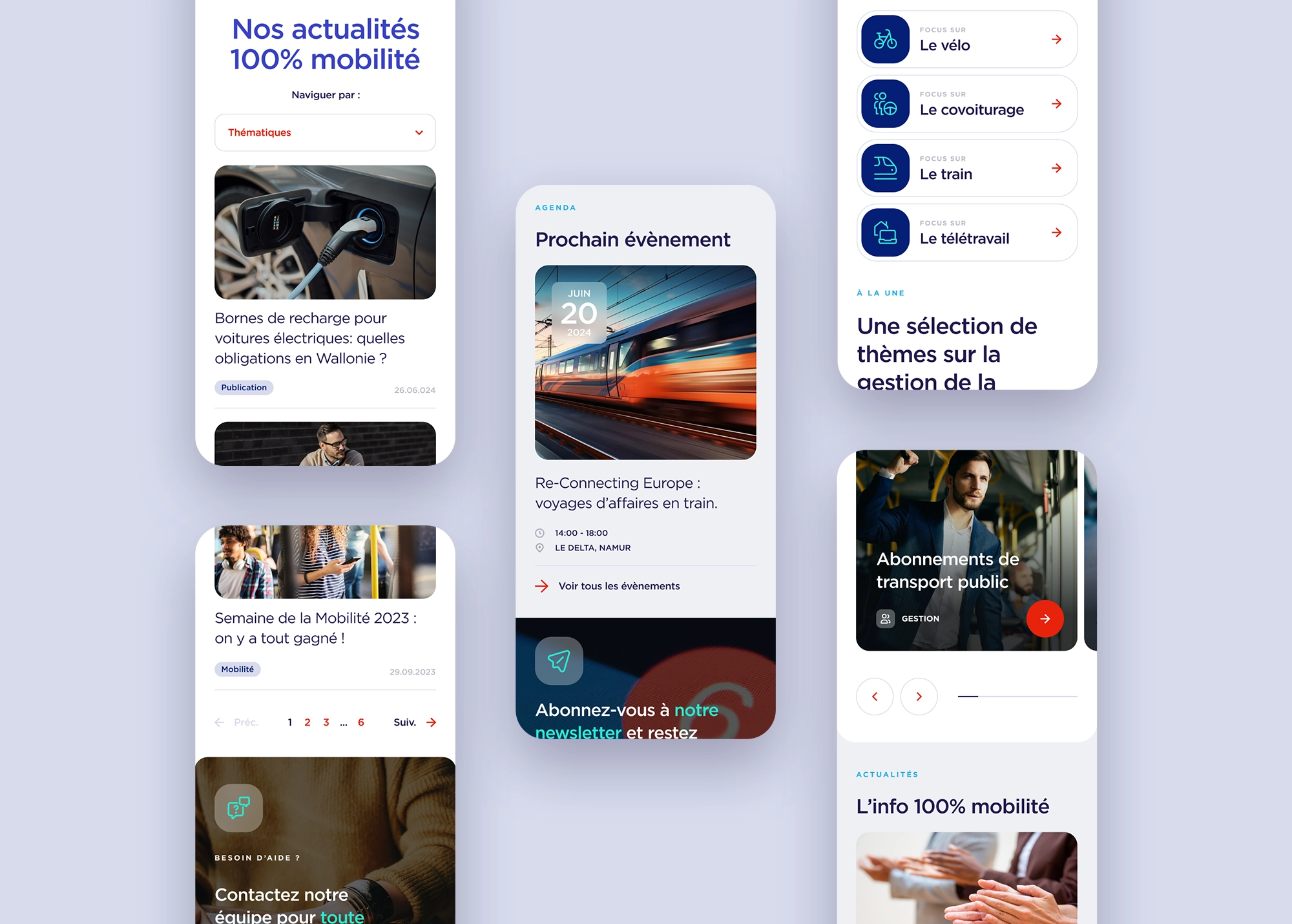 Captures d’écran de la version mobile présentant les dernières actualités, les prochains événements et une sélection de thèmes liés à la gestion de la mobilité en entreprise.