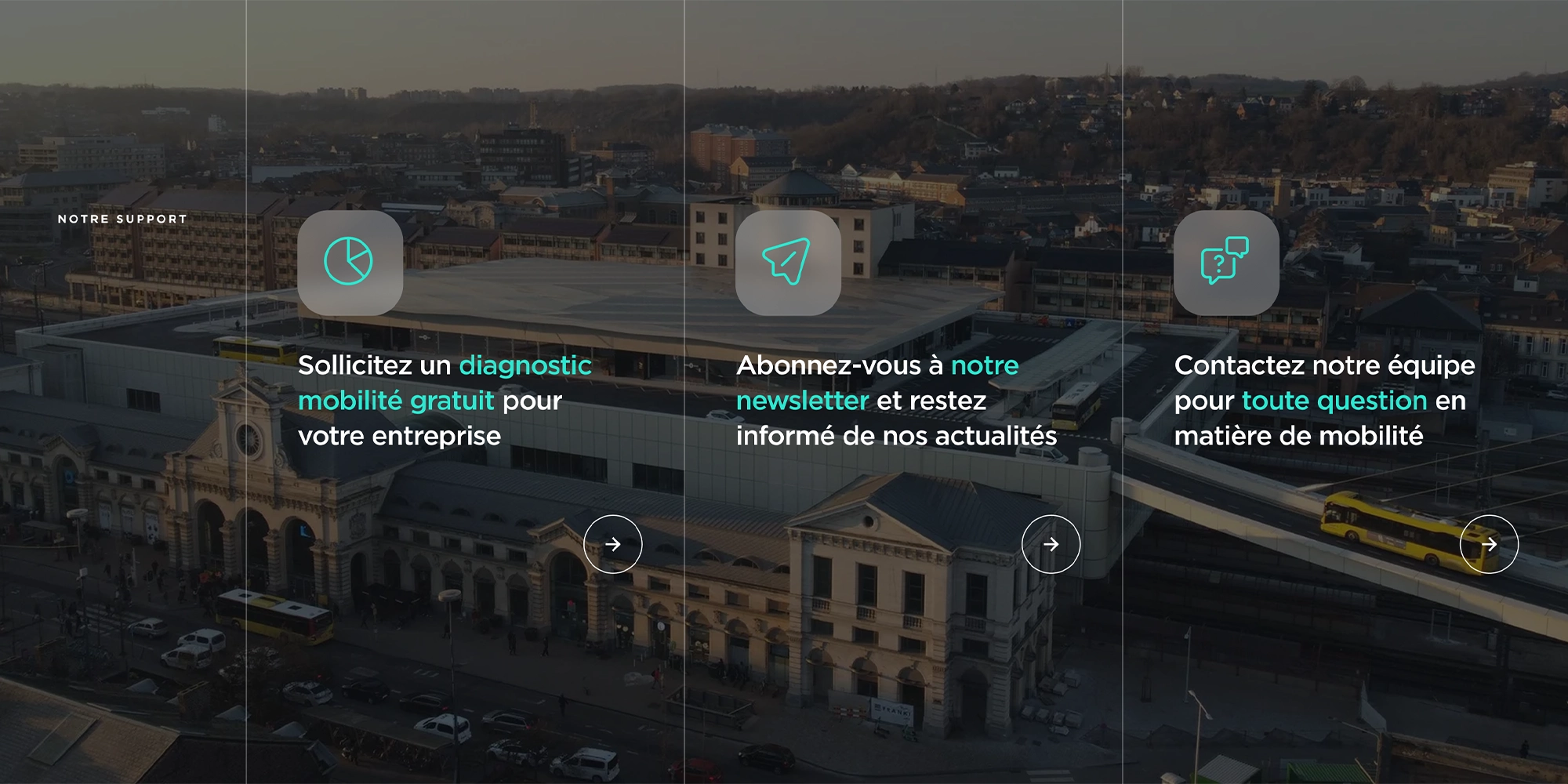 Section « Notre support » présentant le diagnostic mobilité pour les entreprises, l’inscription à la newsletter et la prise de contact avec l’équipe.