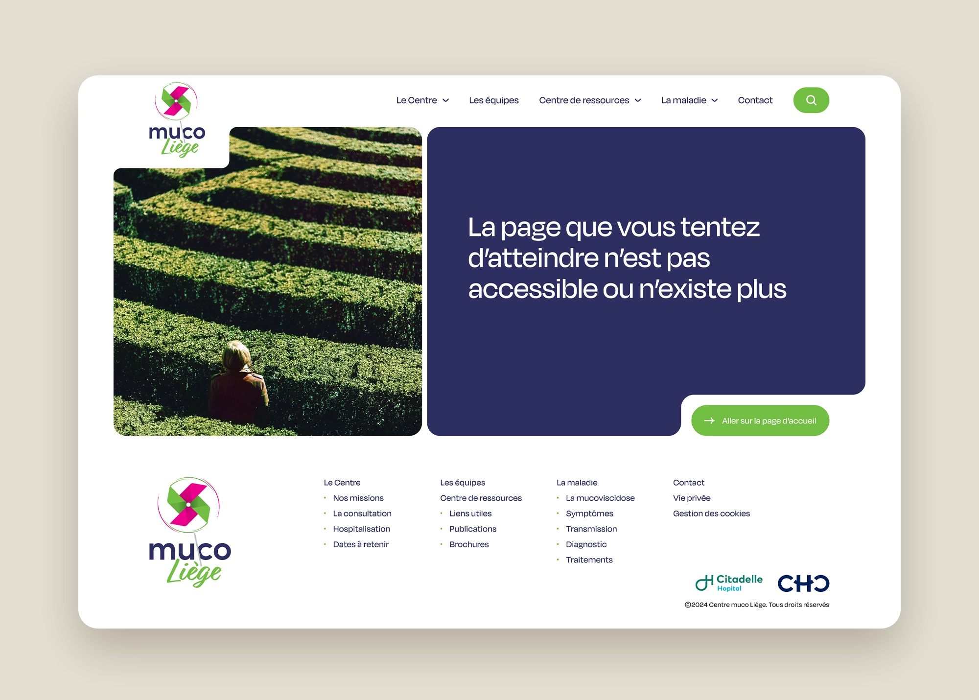 Page « Erreur 404 » montrant une personne marchant dans un labyrinthe végétal, avec un appel à l’action « Aller à la page d’accueil ».