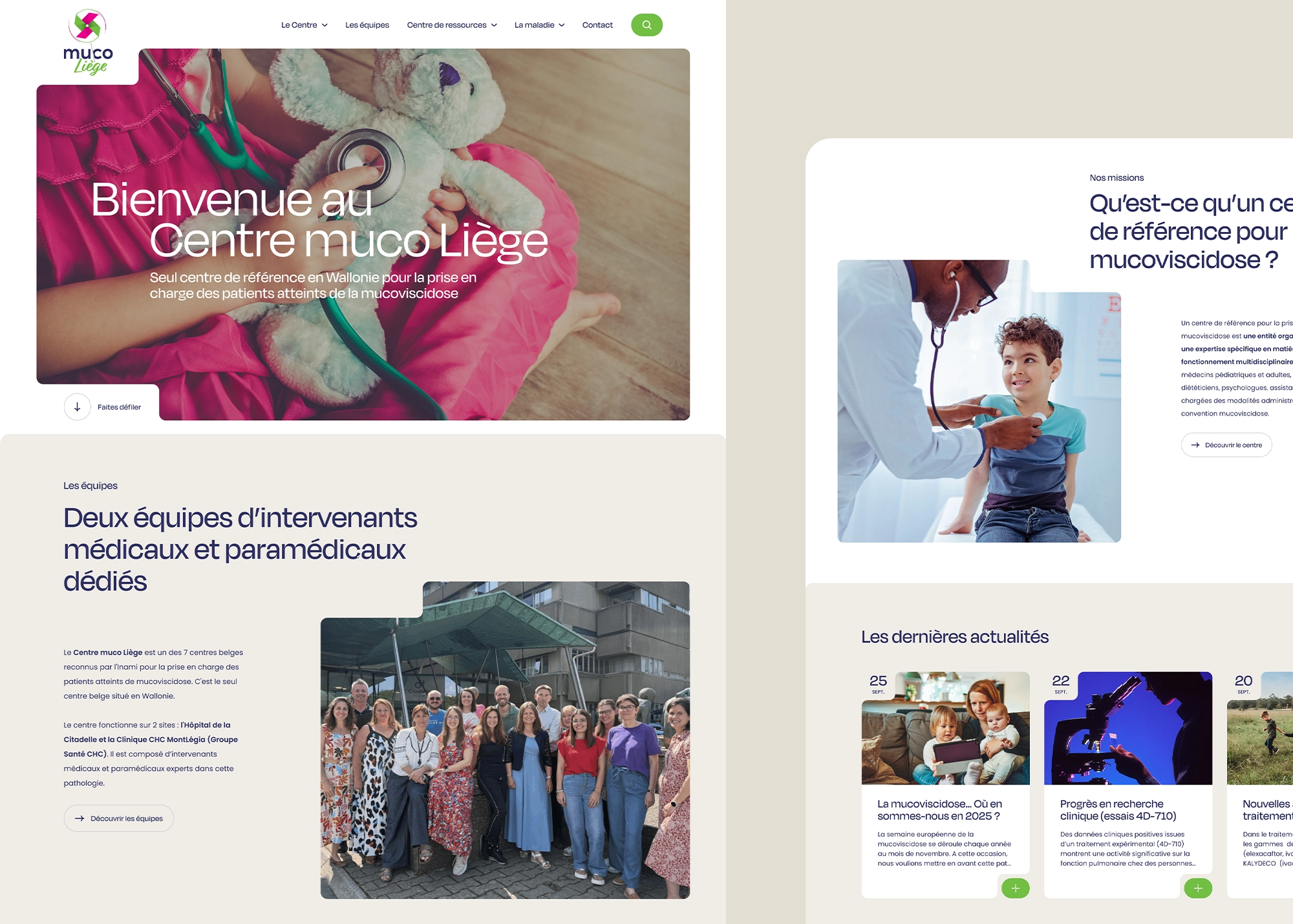 Page d’accueil du Centre muco Liège présentant les équipes médicales, les missions du Centre et les dernières actualités.