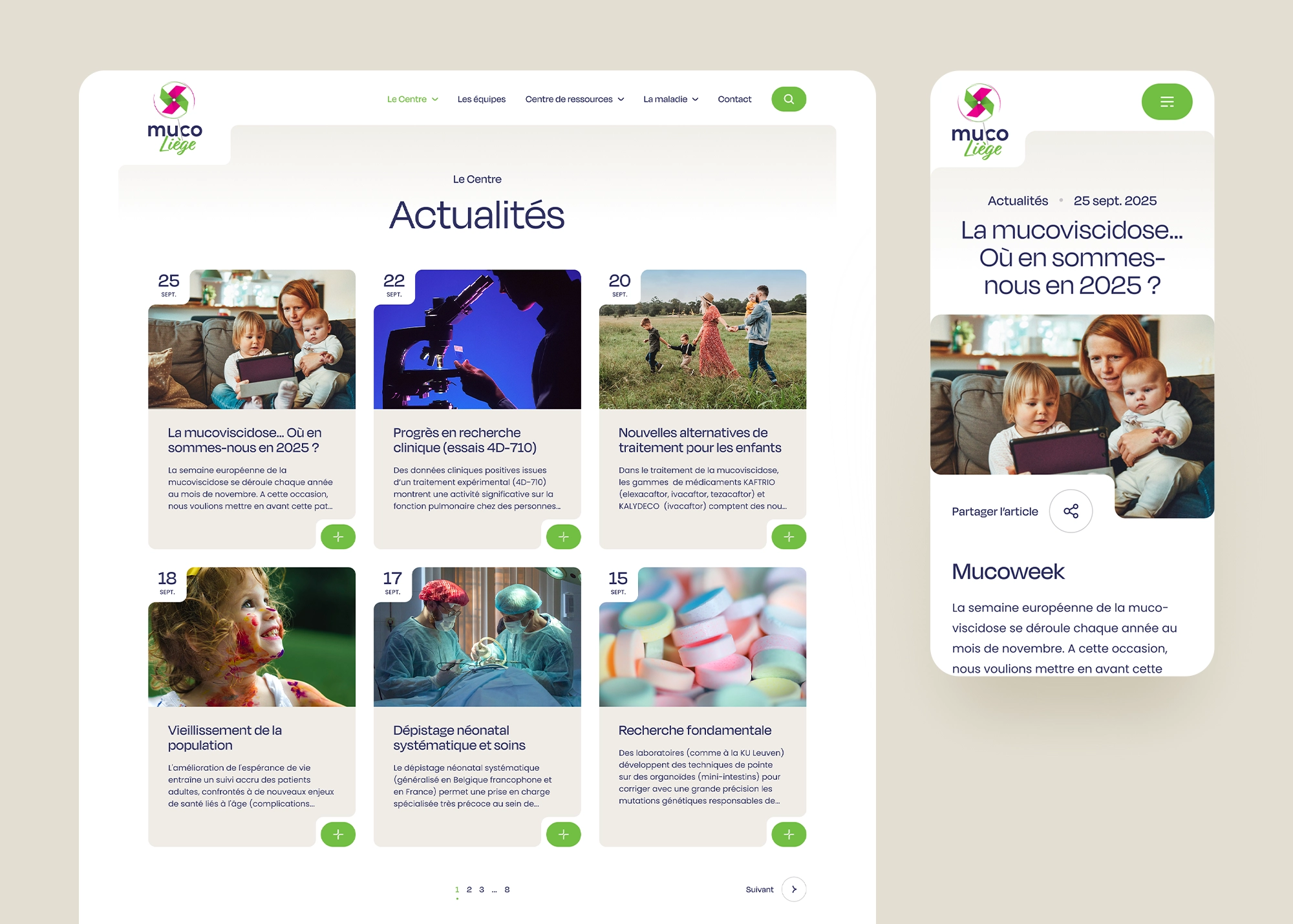 Page listing des actualités du Centre muco Liège en version desktop et détail d’une actualité en version mobile.