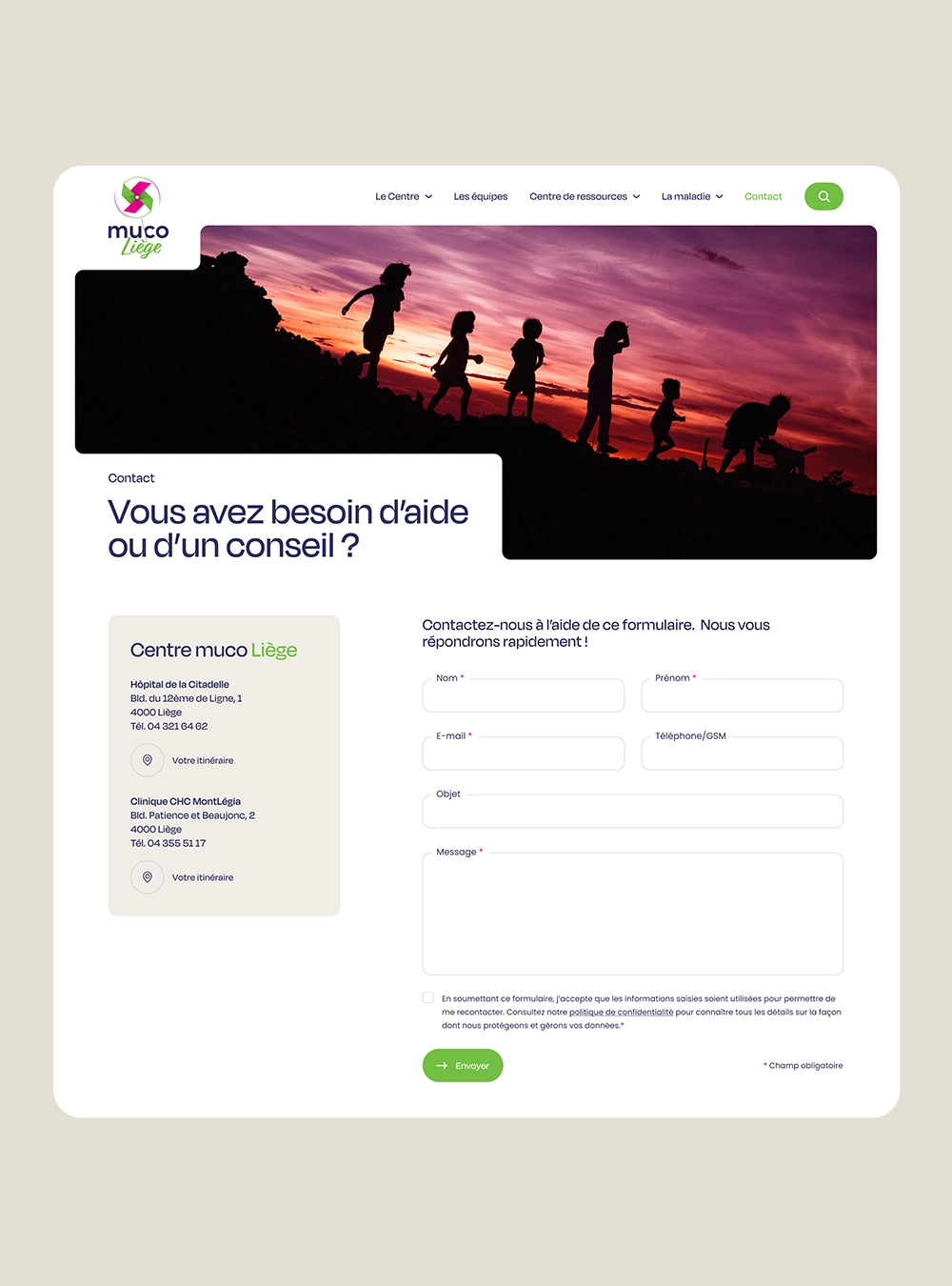 Page de contact du Centre muco Liège avec formulaire et coordonnées du Centre.