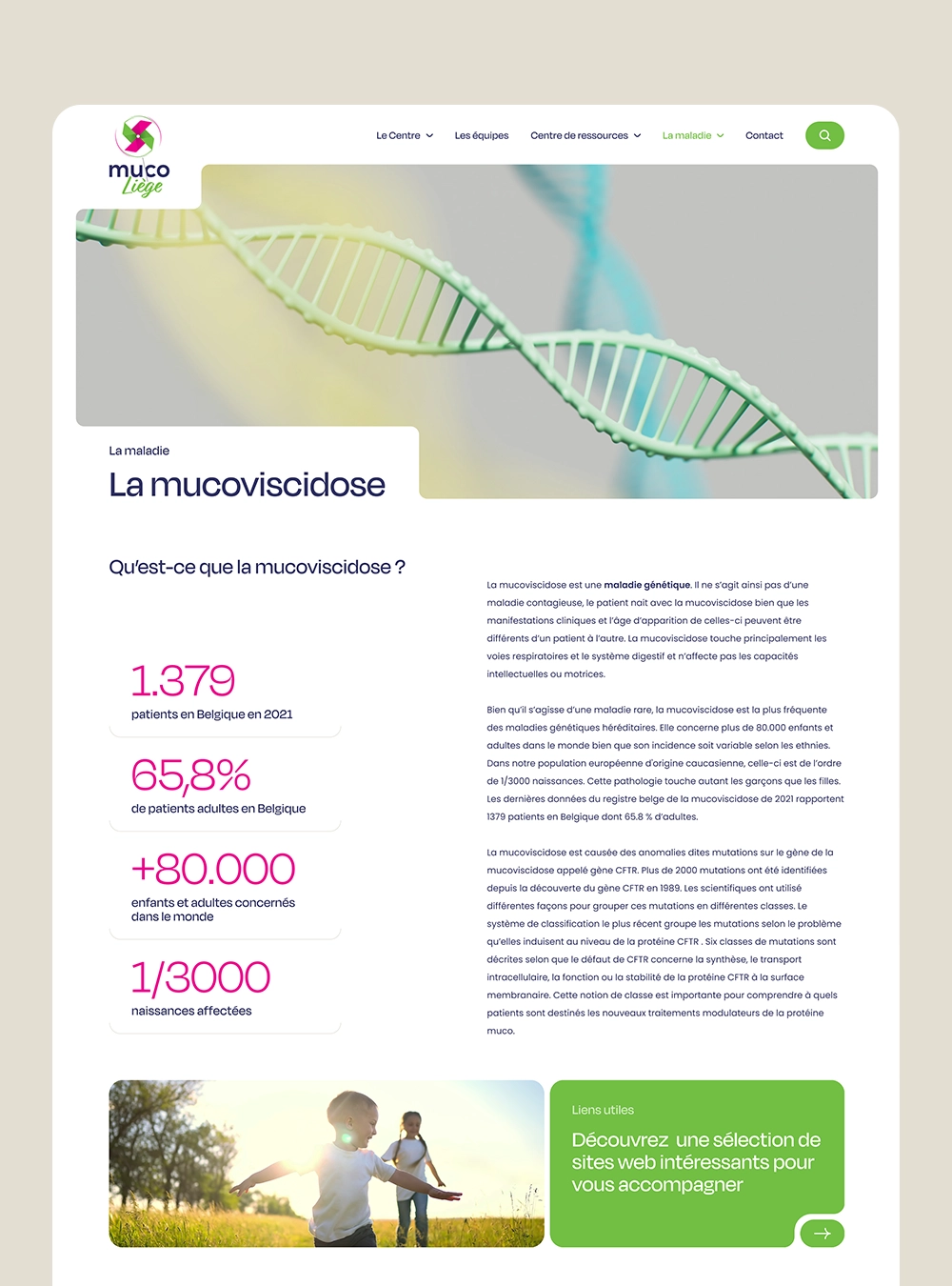 Page consacrée à la mucoviscidose présentant des chiffres clés et un appel à l’action vers la page « Liens utiles ».