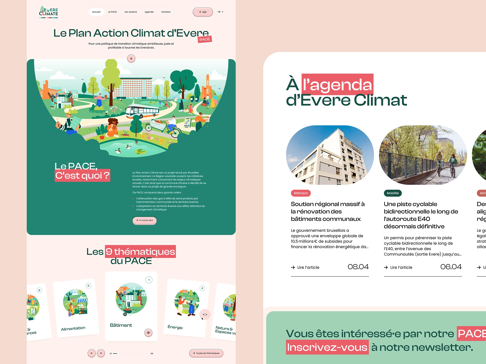 Page d’accueil du Plan Action Climat d’Evere présentant les thématiques du PACE et l’agenda des prochaines actions climatiques.