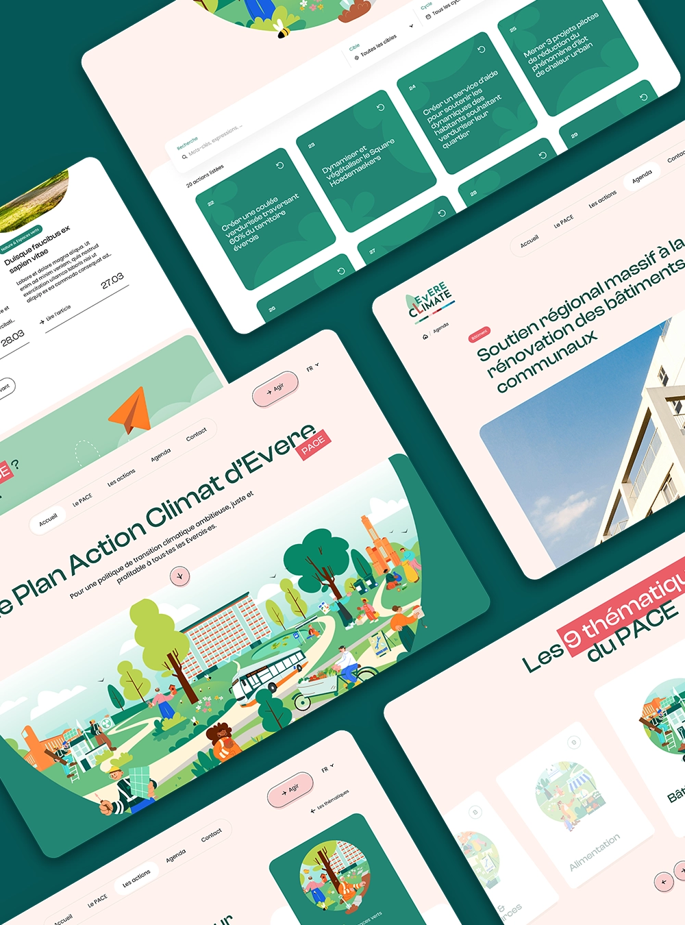 Captures d’écran du site du Plan Action Climat d’Evere montrant le header de la page d’accueil, des cartes d’actions et un article de l’agenda.