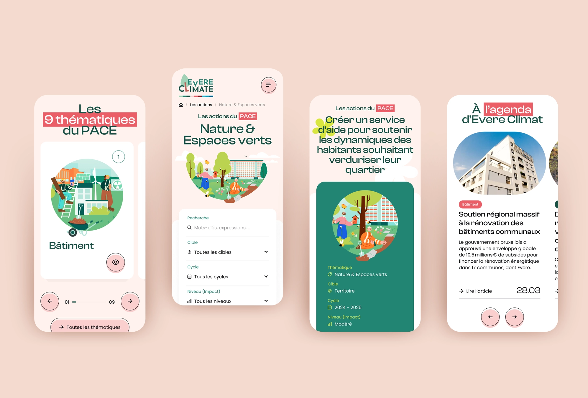 Interface mobile d’Evere Climat présentant les thématiques, les actions du PACE et l’agenda.