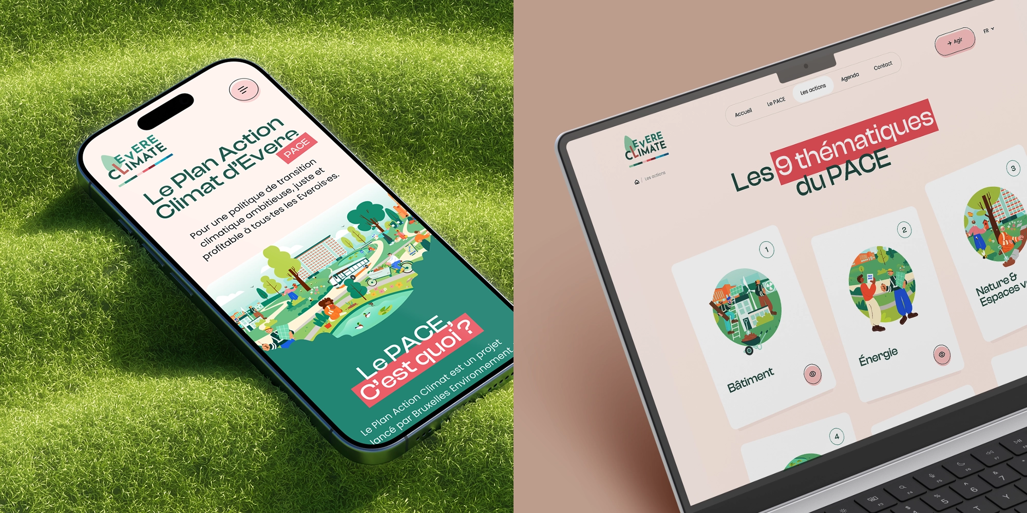 Page d’accueil du Plan Action Climat d’Evere affichée sur smartphone et page présentant les neuf thématiques du PACE.