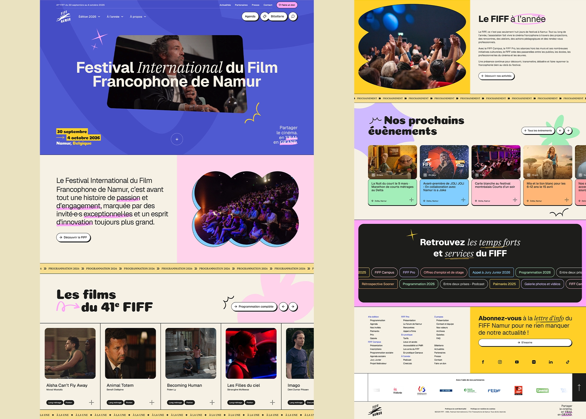 Page d’accueil du Festival International du Film Francophone de Namur présentant la programmation et les prochaines activités du festival.
