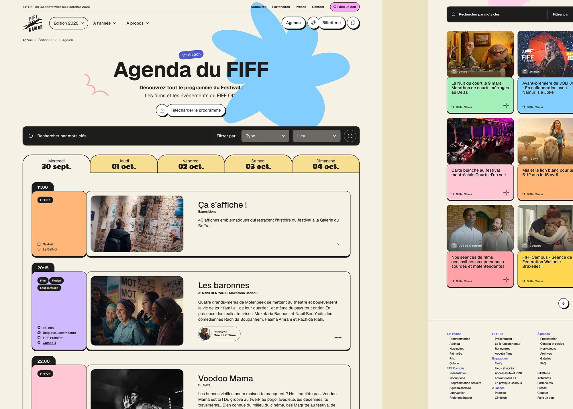 Pages du FIFF Namur présentant l’agenda des événements du festival et le listing des prochains événements.