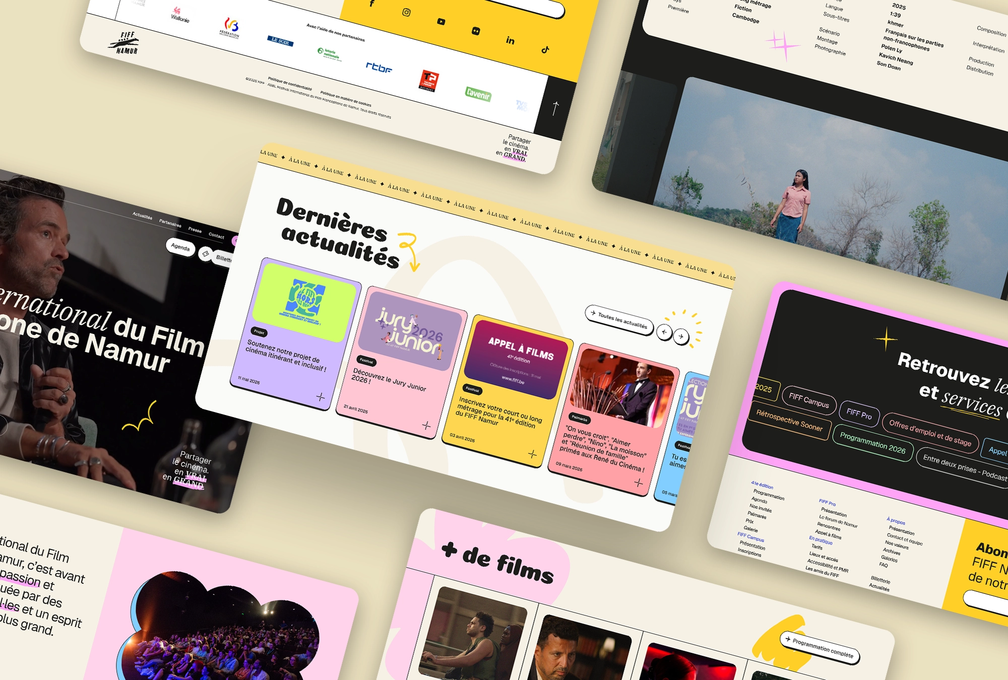 Page du site du Festival International du Film Francophone de Namur présentant les dernières actualités, l’inscription à la newsletter, une galerie photo du film « Becoming Human » ainsi que les temps forts et services du FIFF.