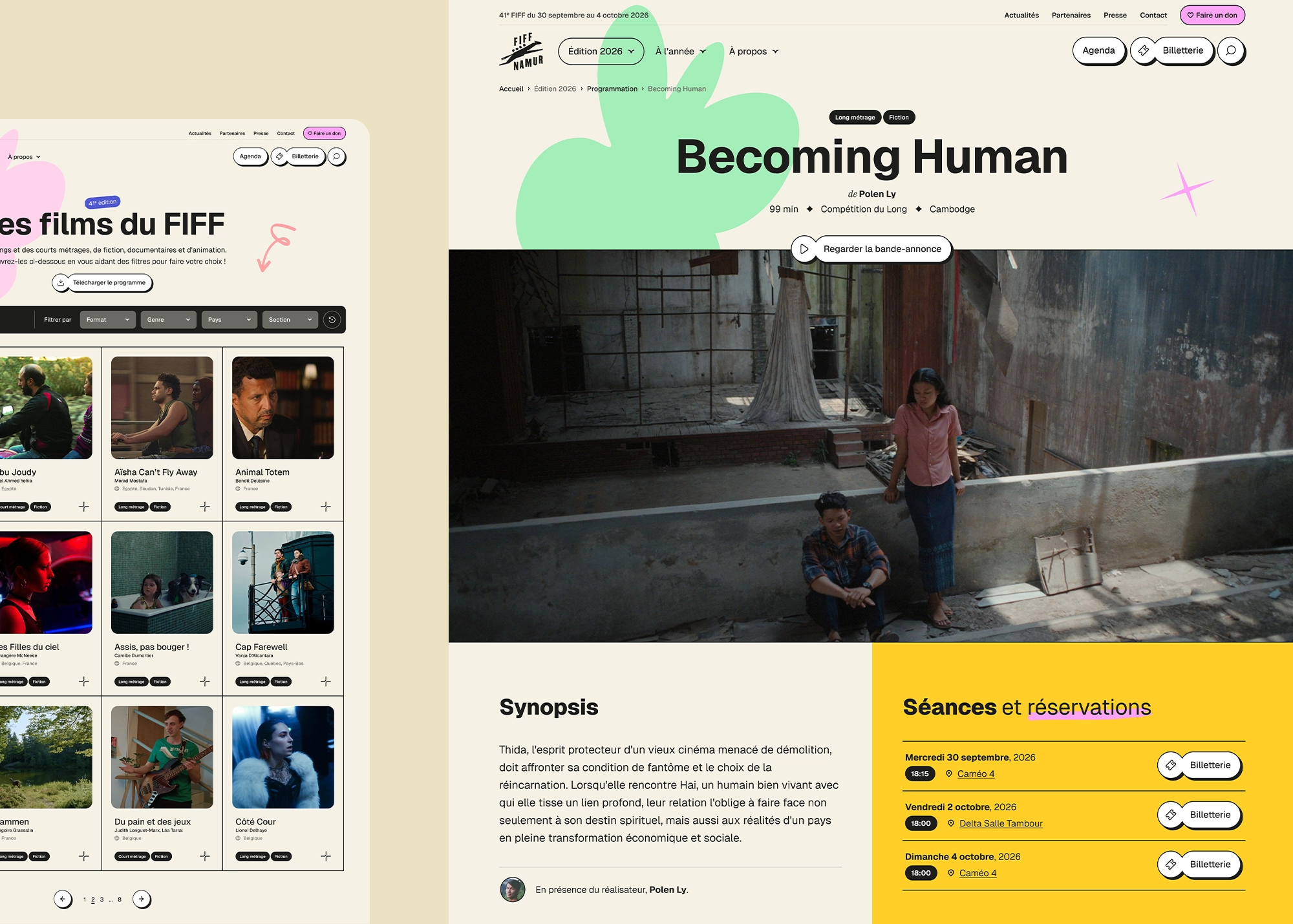 Pages du FIFF Namur présentant la programmation 2026 et la fiche du film « Becoming Human » avec affiche, synopsis, séances et réservations.