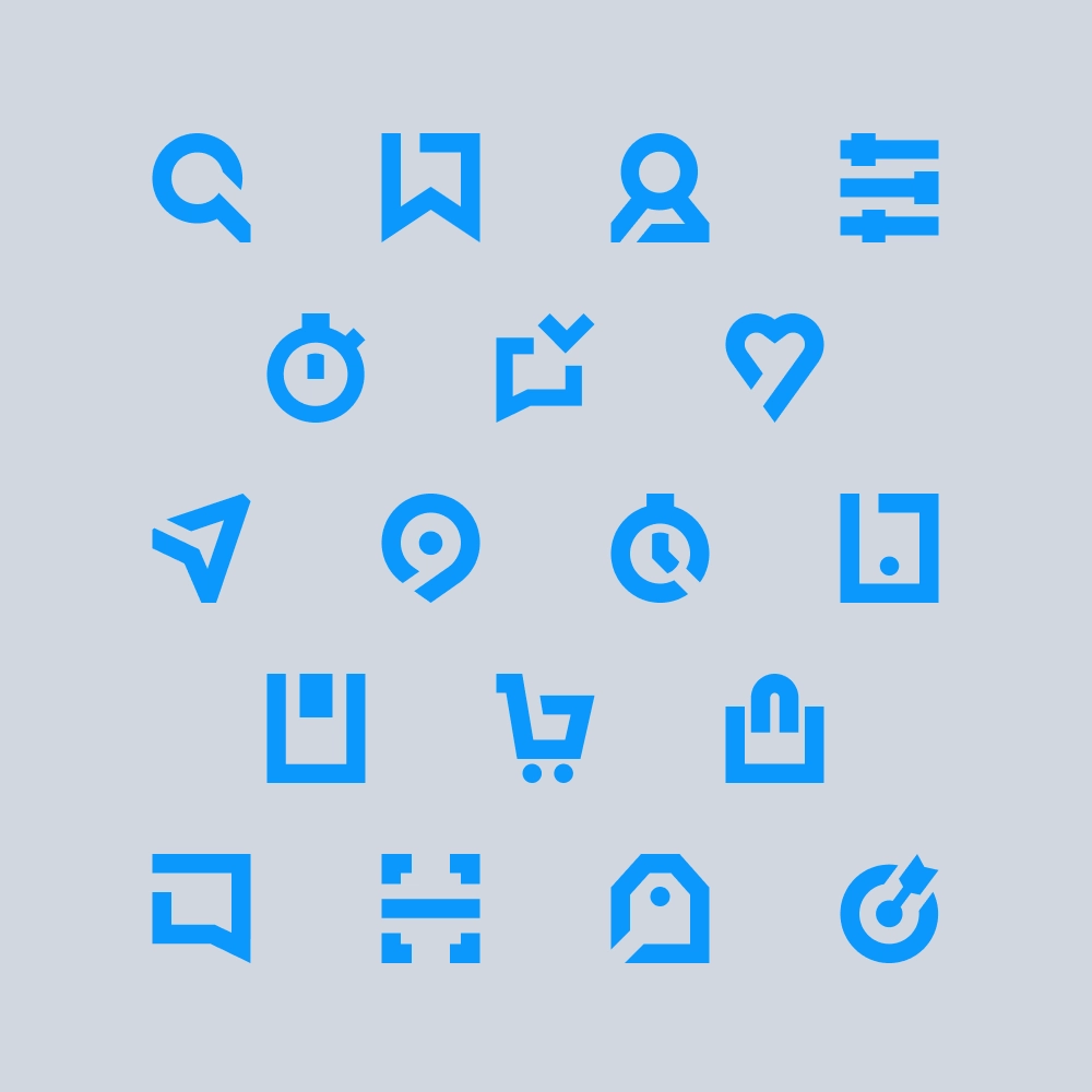 Set d’icônes bleues minimalistes sur fond gris représentant différentes fonctionnalités du site.