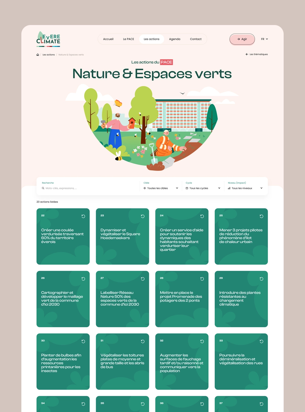 Page présentant les actions de la thématique « Nature et espaces verts », avec modules de recherche et de tri.