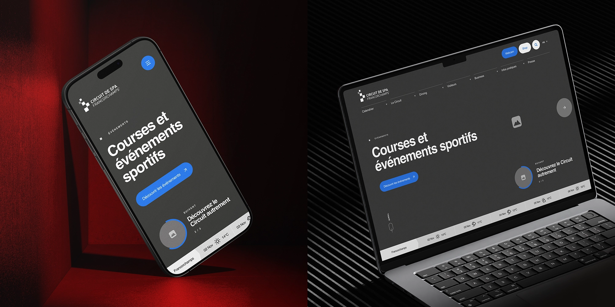 Header de la page d’accueil du Circuit de Spa-Francorchamps en versions desktop et mobile.