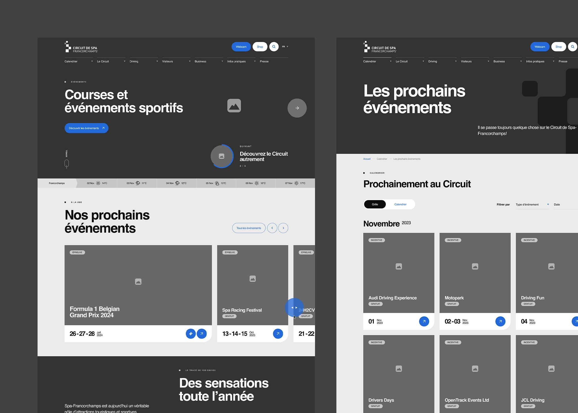 Écran de design UX présentant les prochains événements et courses sportives du Circuit de Spa-Francorchamps avec dates et filtres.