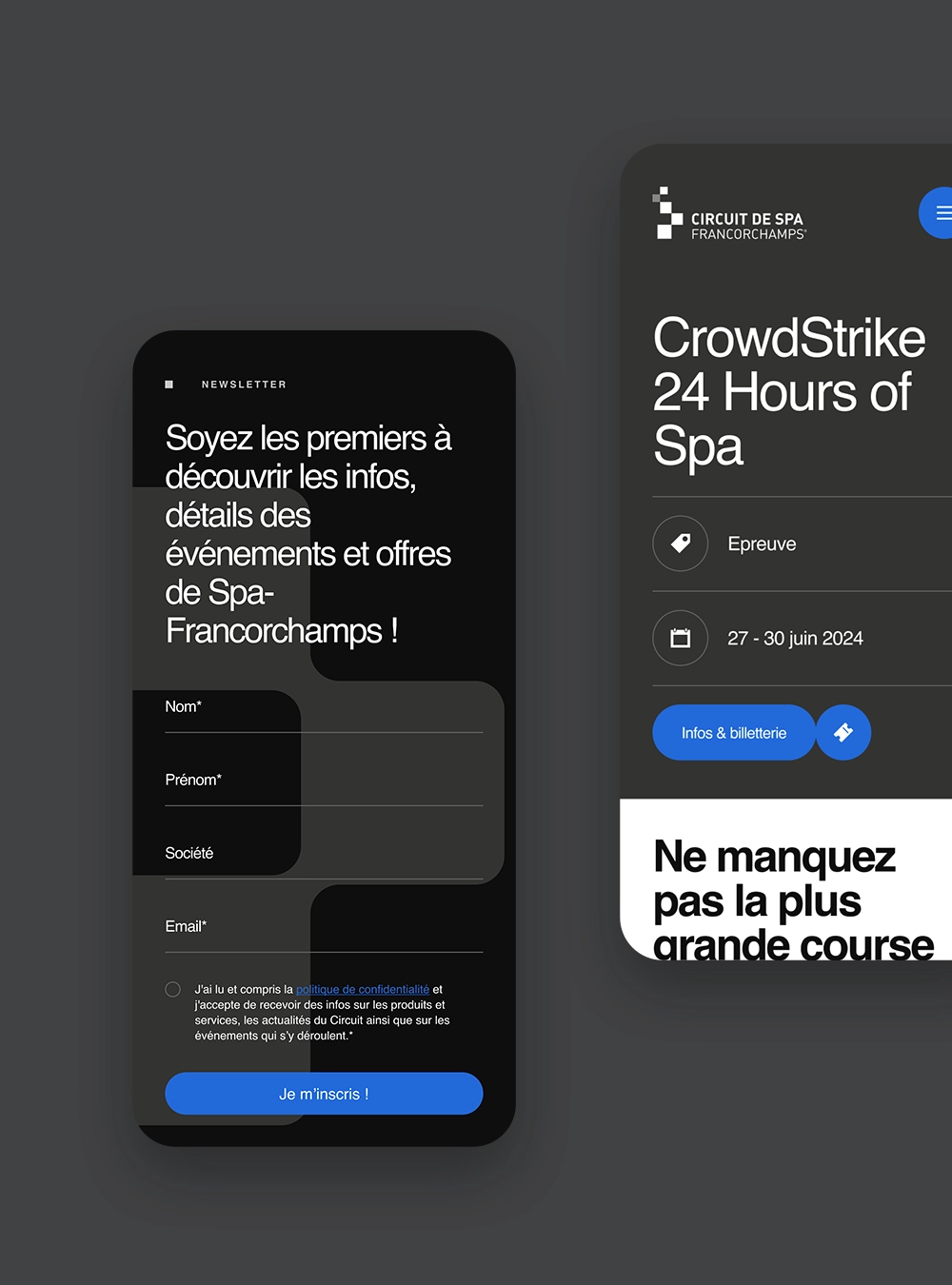 Captures d’écran de la version mobile présentant le formulaire d’inscription à la newsletter et la fiche détaillée d’un événement.