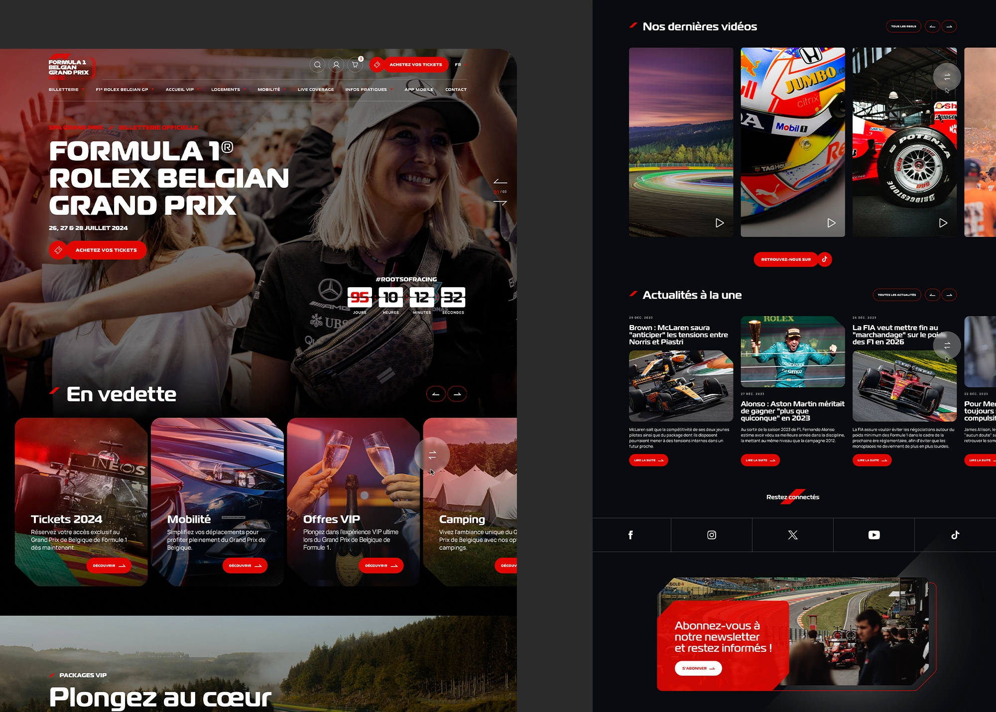 Exploration UI en version desktop de la page d’accueil présentant le header, les produits en vedette, les dernières vidéos TikTok et les actualités à la une.