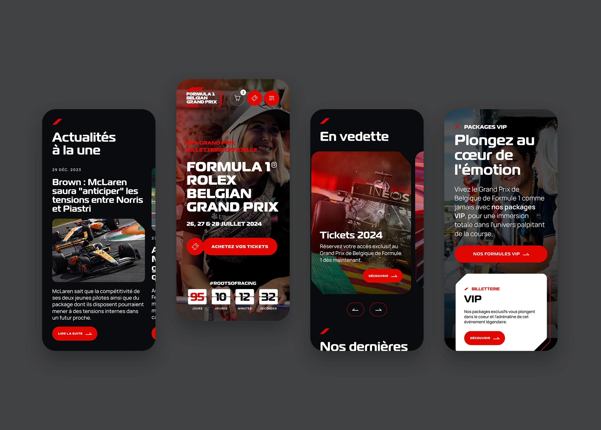 Exploration UI en version mobile de la page d’accueil présentant le header, les produits en vedette, les offres VIP et les actualités à la une.
