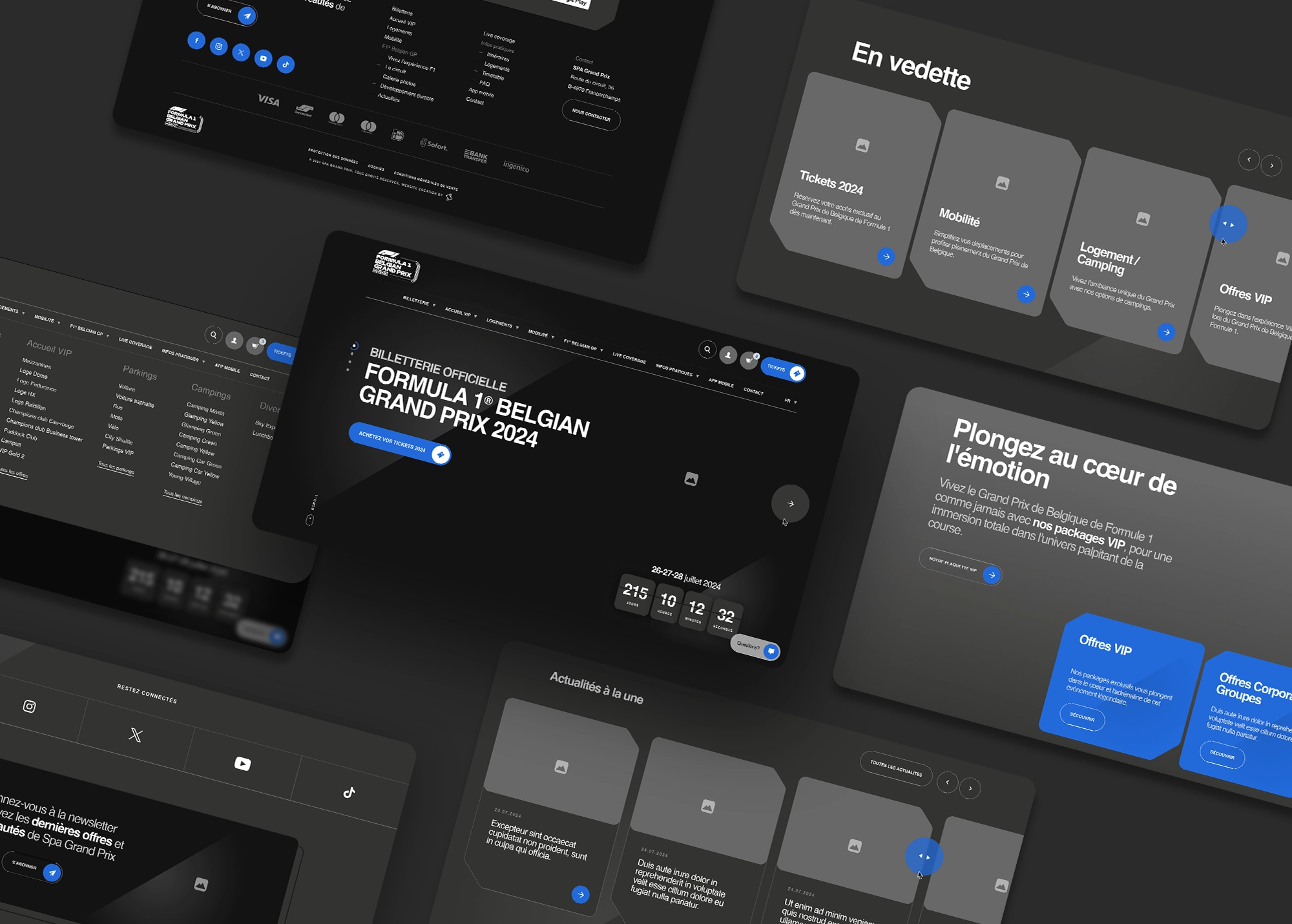 Écrans de design UX présentant le header de la page d’accueil, le menu de navigation, les actualités ainsi que les produits et offres en vedette.