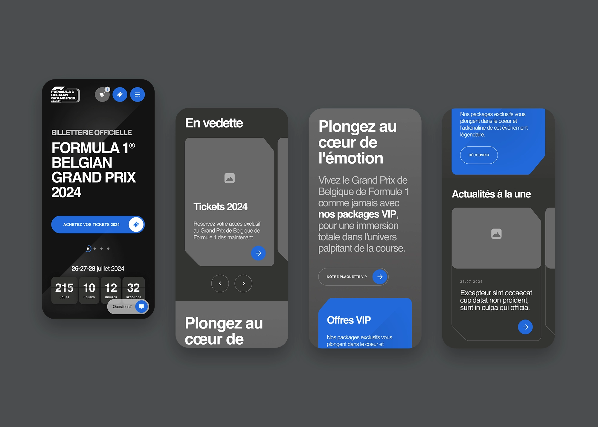 Captures d’écran de la version mobile présentant le header de la page d’accueil, les actualités, les produits en vedette et les offres VIP.