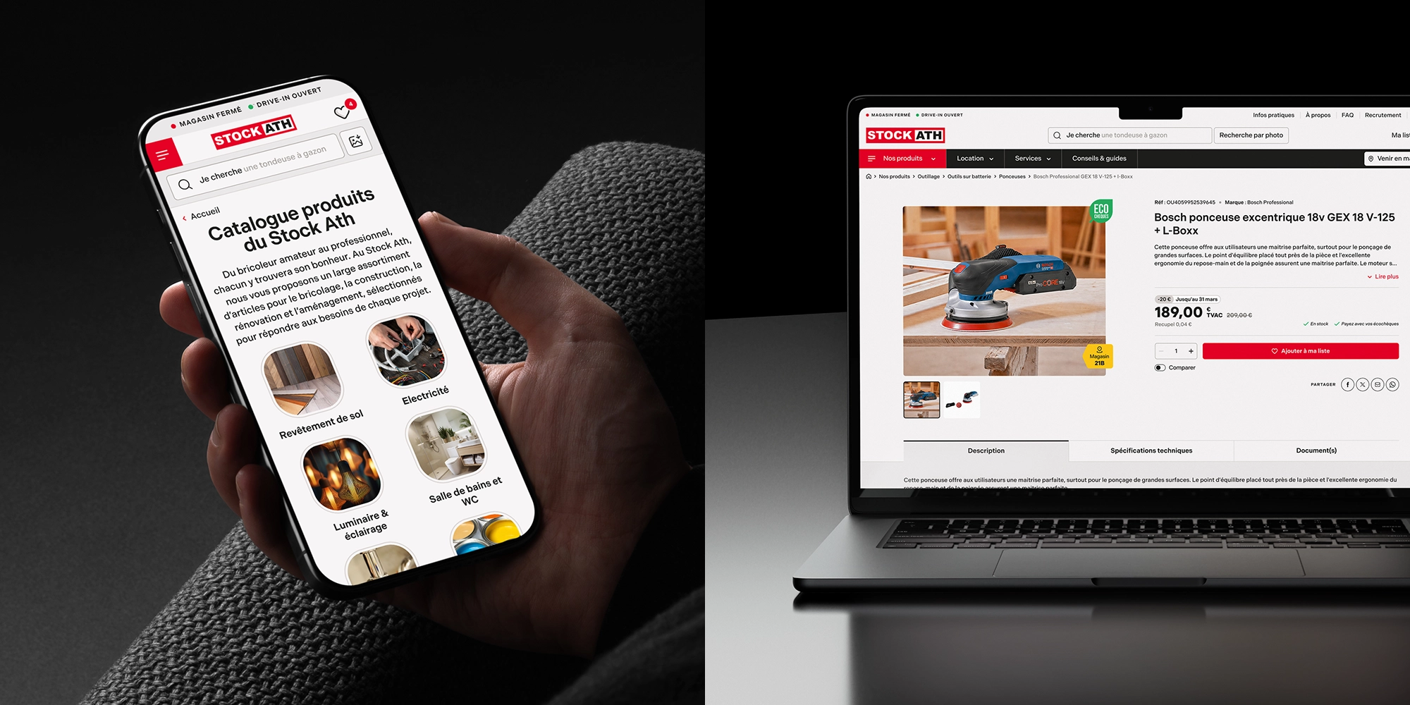 Catalogue produits Stock Ath affiché sur smartphone et fiche produit affichée sur ordinateur portable.