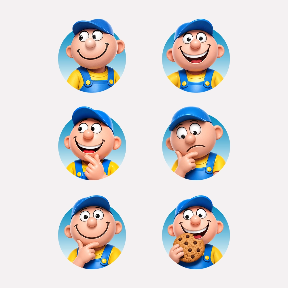 Mascotte Stocky déclinée en six expressions sous forme d’emojis.