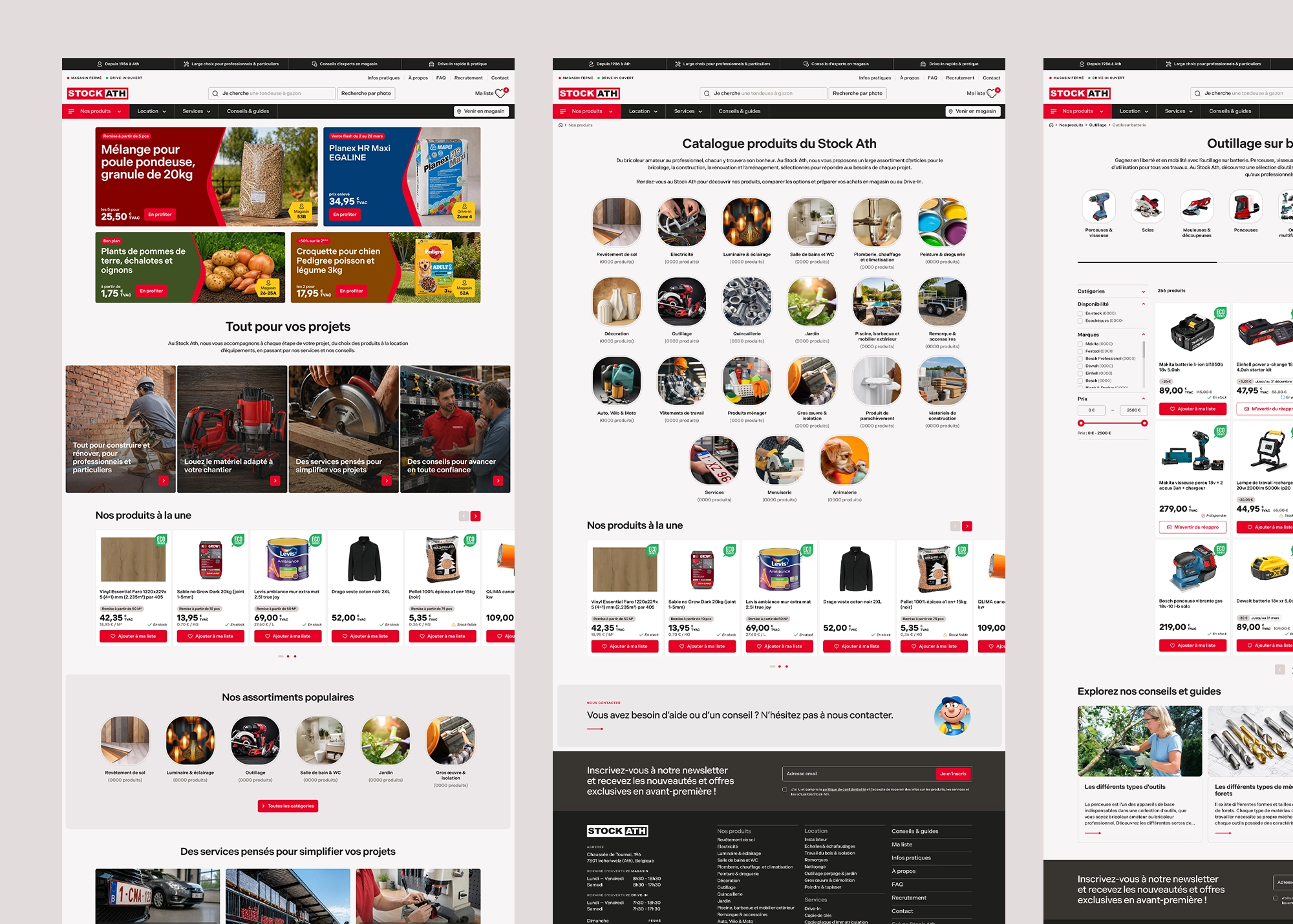 Pages du site Stock Ath présentant la page d’accueil, le catalogue produits et le listing des produits avec ses filtres.